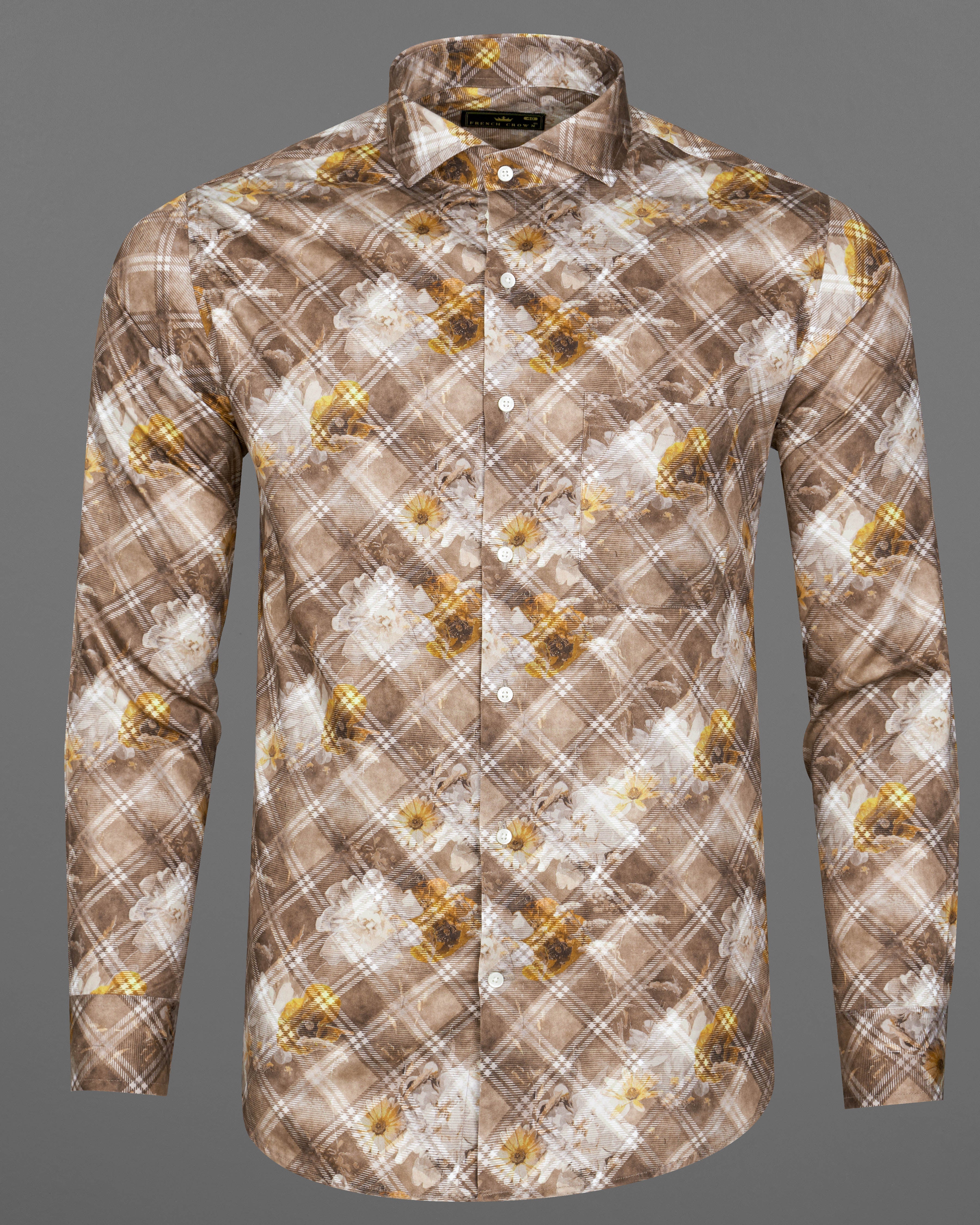 Ferra with Dull Brown Diagonally Checkered with Floral Printed Super Soft Premium Cotton Shirt 9274-CA-38,9274-CA-H-38,9274-CA-39,9274-CA-H-39,9274-CA-40,9274-CA-H-40,9274-CA-42,9274-CA-H-42,9274-CA-44,9274-CA-H-44,9274-CA-46,9274-CA-H-46,9274-CA-48,9274-CA-H-48,9274-CA-50,9274-CA-H-50,9274-CA-52,9274-CA-H-52