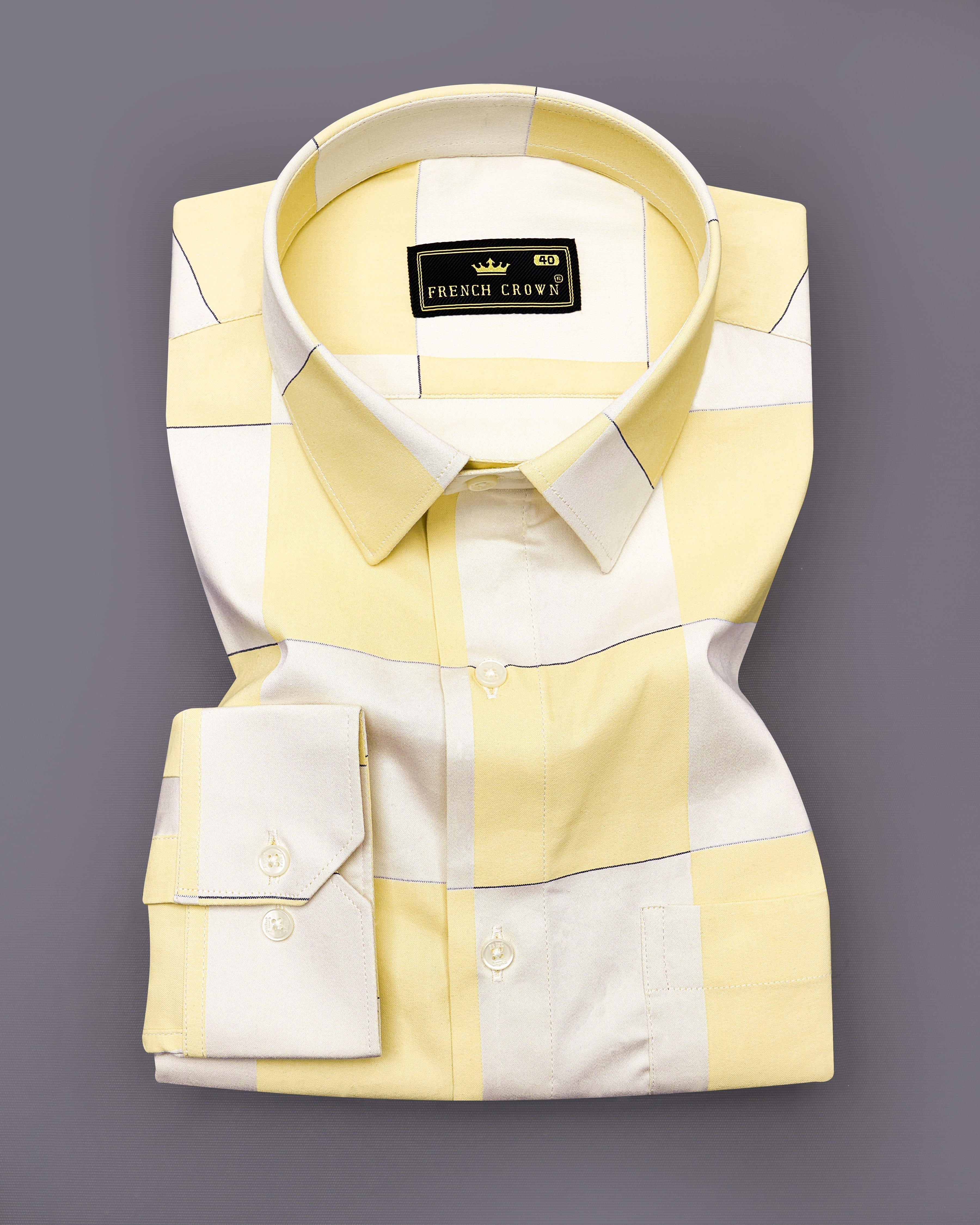 Albescent Cream with Maezipan Yellow Checked Jacquard Textured Premium Giza Cotton Shirt 9282-38,9282-H-38,9282-39,9282-H-39,9282-40,9282-H-40,9282-42,9282-H-42,9282-44,9282-H-44,9282-46,9282-H-46,9282-48,9282-H-48,9282-50,9282-H-50,9282-52,9282-H-52