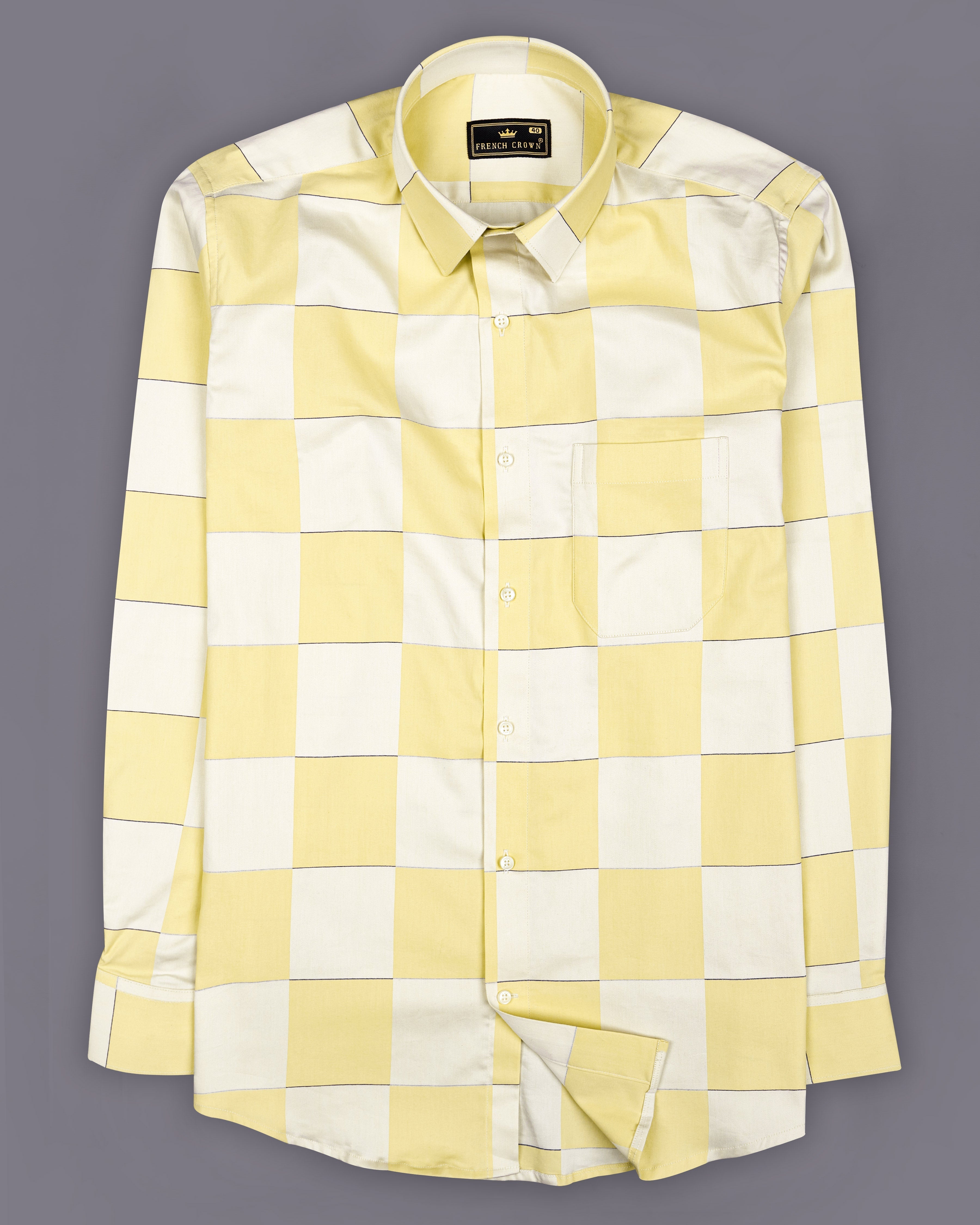 Albescent Cream with Maezipan Yellow Checked Jacquard Textured Premium Giza Cotton Shirt 9282-38,9282-H-38,9282-39,9282-H-39,9282-40,9282-H-40,9282-42,9282-H-42,9282-44,9282-H-44,9282-46,9282-H-46,9282-48,9282-H-48,9282-50,9282-H-50,9282-52,9282-H-52