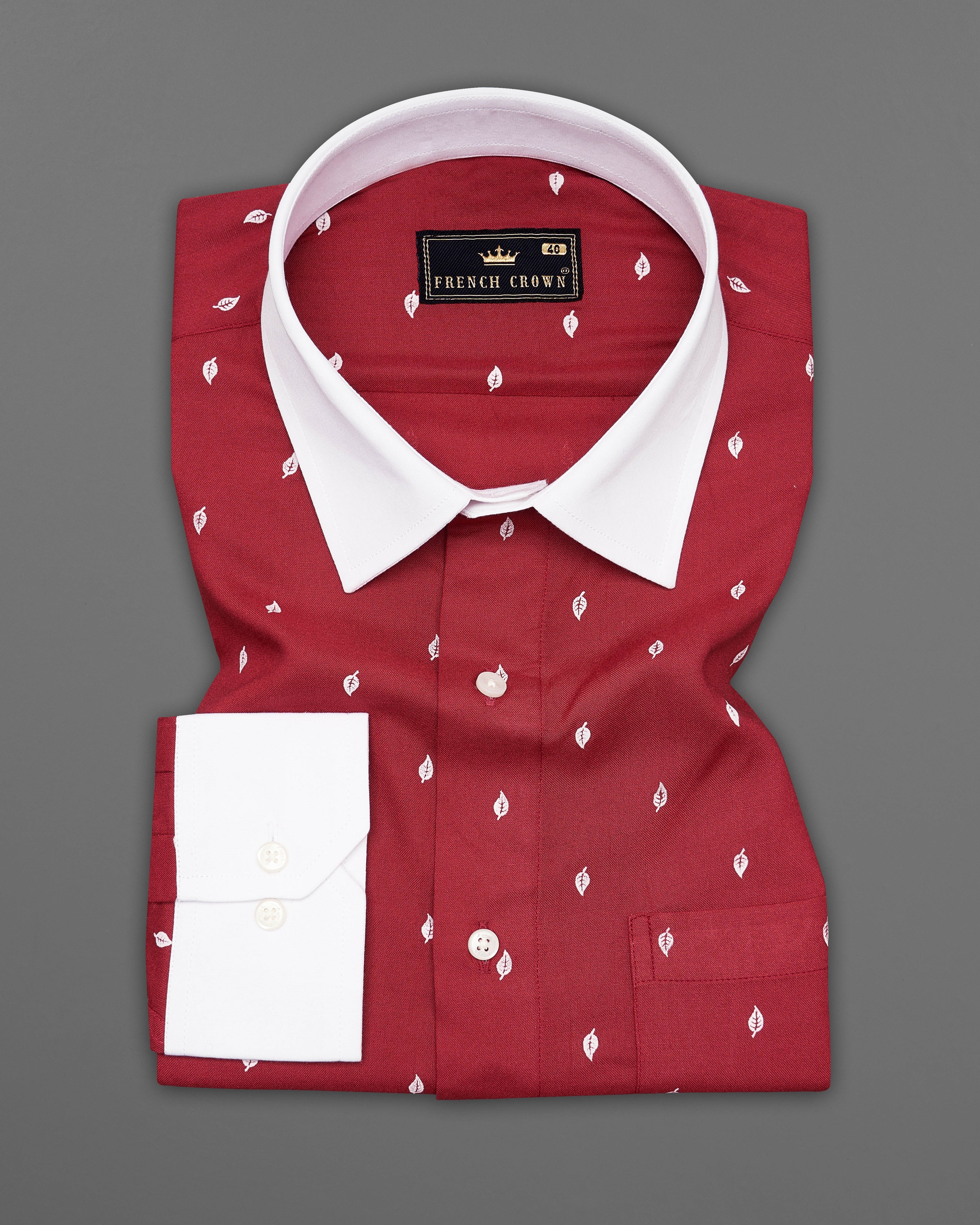 Merlot Red and White Leaves Textured Tencel Shirt 9307-WCC-38,9307-WCC-H-38,9307-WCC-39,9307-WCC-H-39,9307-WCC-40,9307-WCC-H-40,9307-WCC-42,9307-WCC-H-42,9307-WCC-44,9307-WCC-H-44,9307-WCC-46,9307-WCC-H-46,9307-WCC-48,9307-WCC-H-48,9307-WCC-50,9307-WCC-H-50,9307-WCC-52,9307-WCC-H-52