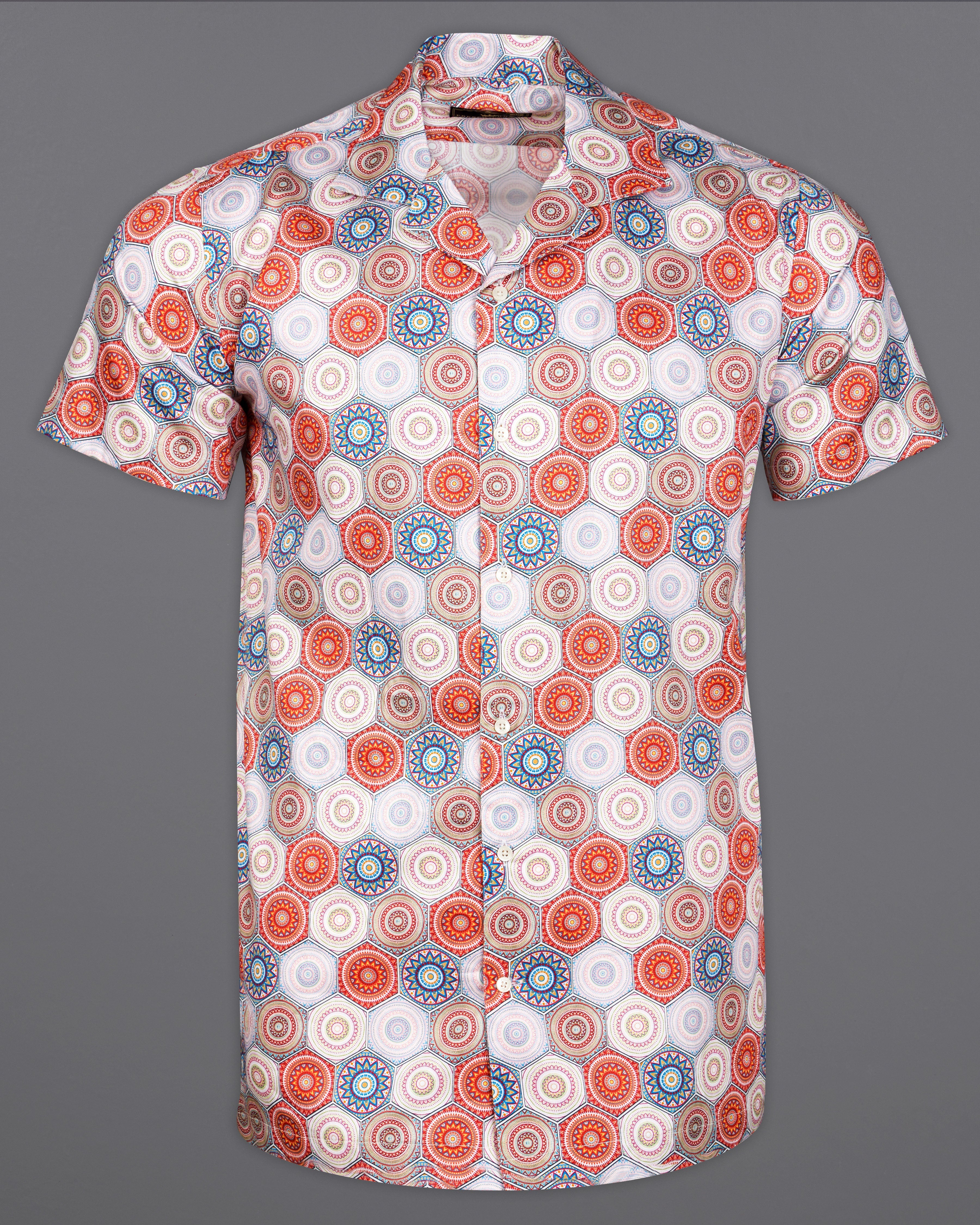 Bright White with Portland Orange Hexagonal Printed Super Soft Premium Cotton Half Sleeves Shirt 9310-CC-SS-H-38, 9310-CC-SS-H-39, 9310-CC-SS-H-40, 9310-CC-SS-H-42, 9310-CC-SS-H-44, 9310-CC-SS-H-46, 9310-CC-SS-H-48, 9310-CC-SS-H-50,  9310-CC-SS-H-52