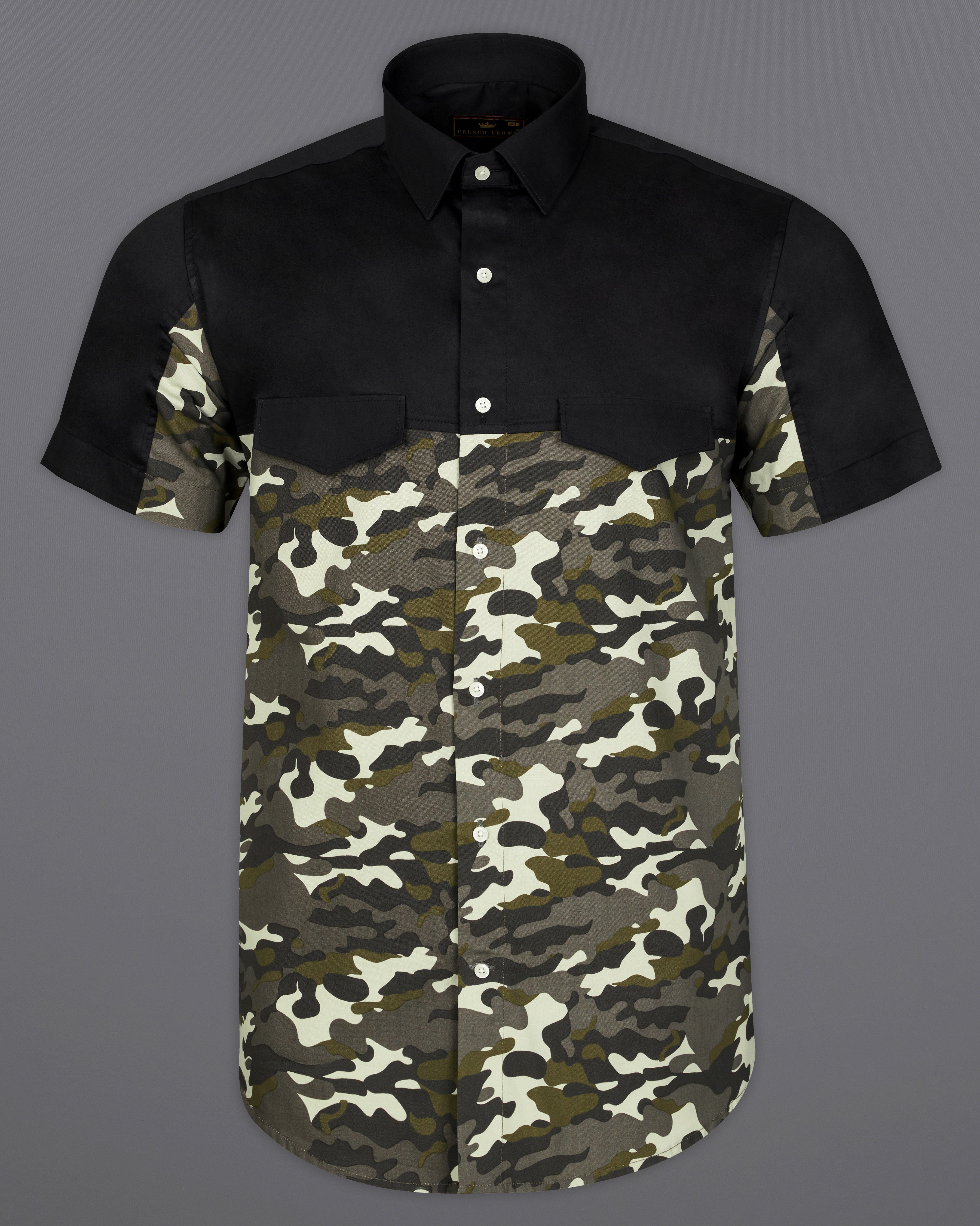 Jade Black with Birch Brown and Eggshell Cream Camouflage Royal Oxford Half Sleeves Designer Shirt