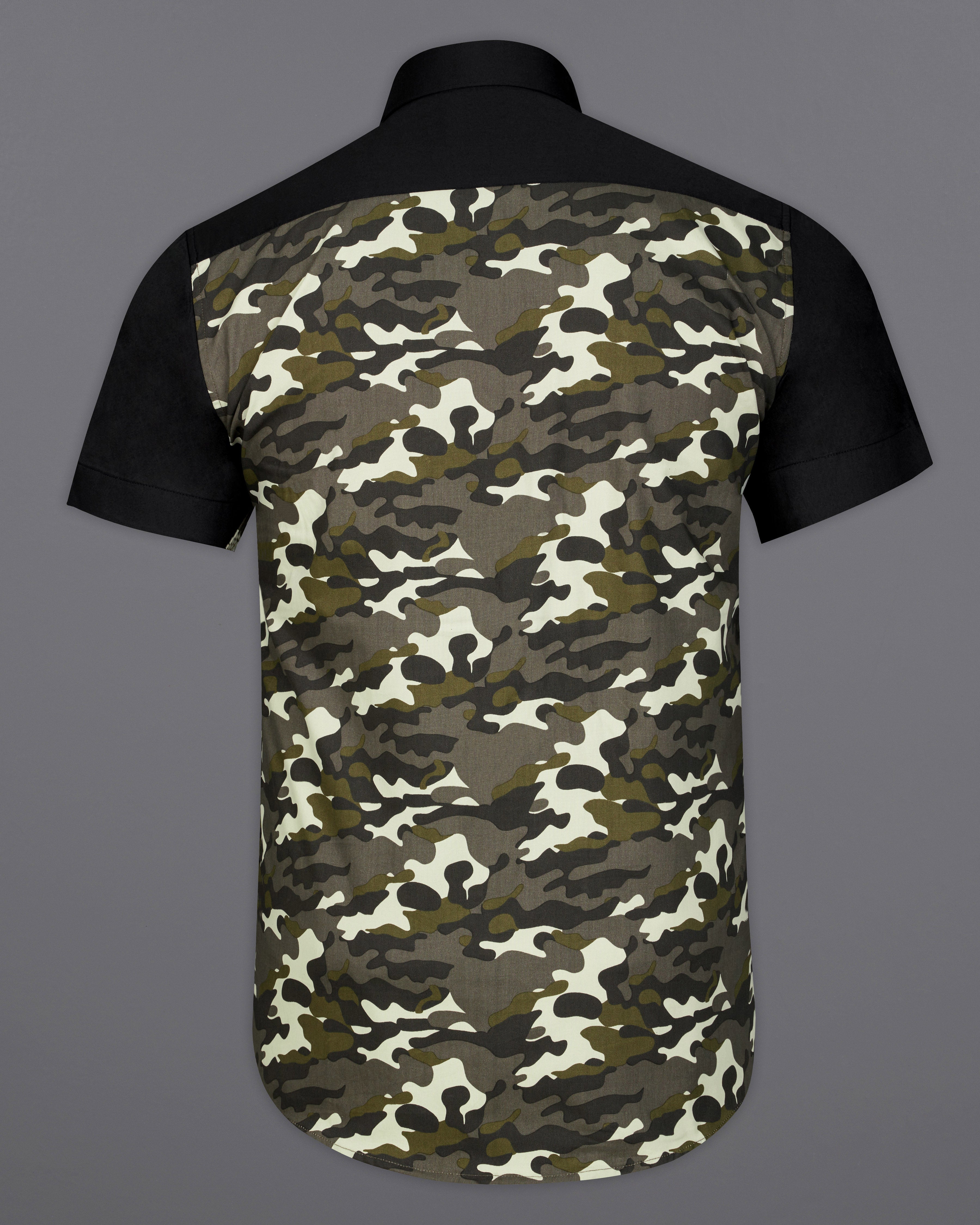 Jade Black with Birch Brown and Eggshell Cream Camouflage Royal Oxford Half Sleeves Designer Shirt