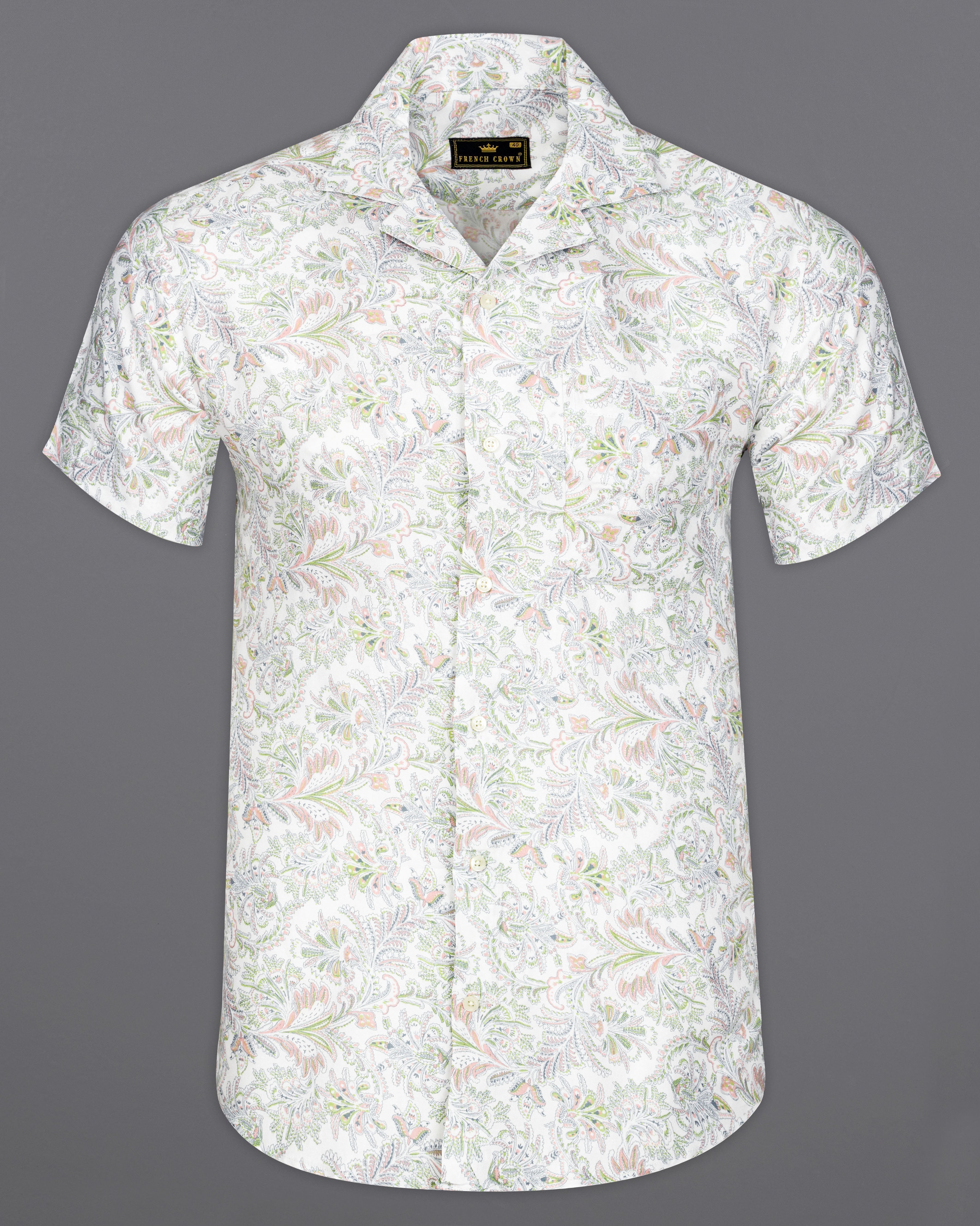 Bright White with Multicolour Tropical Printed Premium Tencel Half Sleeves Shirt