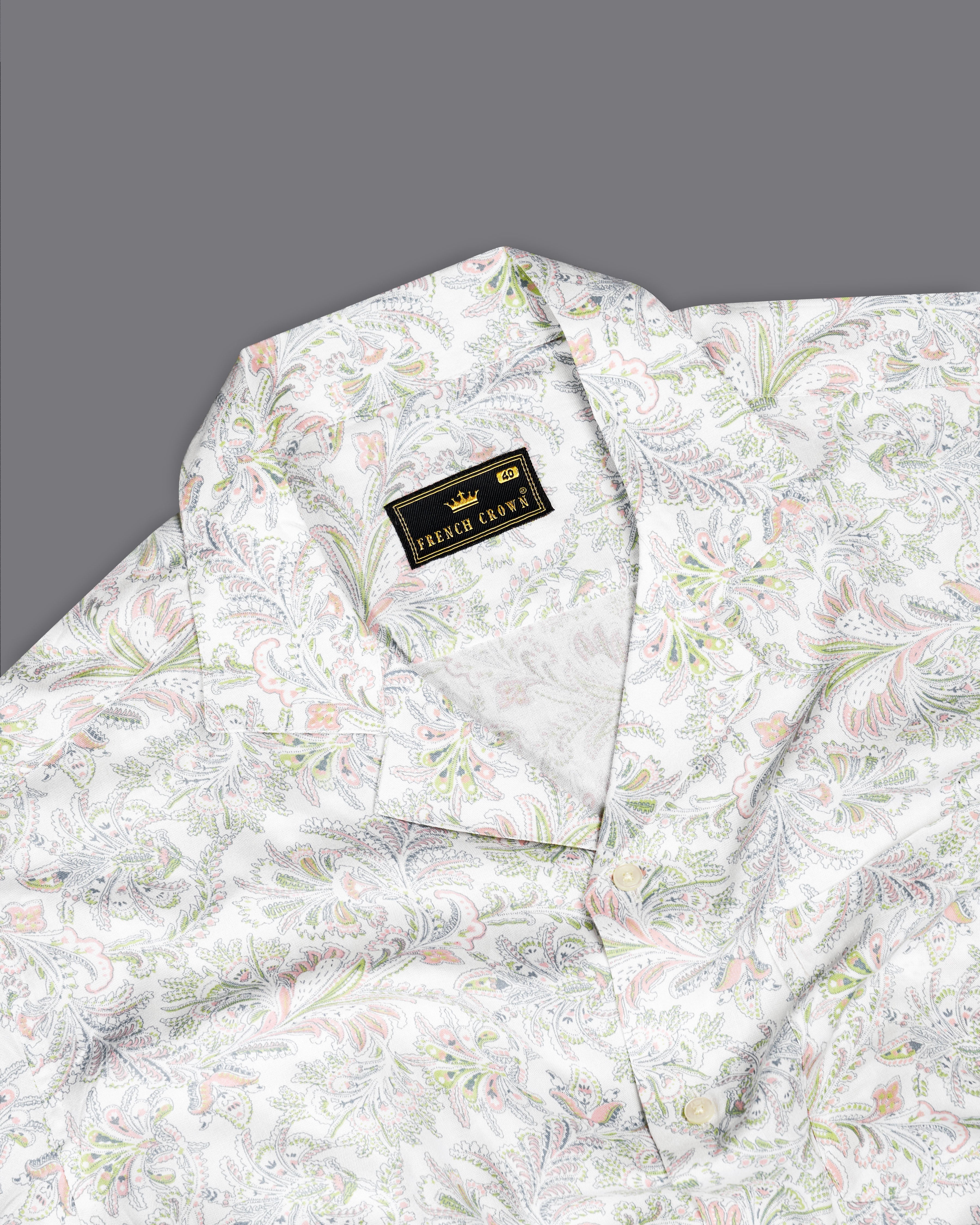 Bright White with Multicolour Tropical Printed Premium Tencel Half Sleeves Shirt