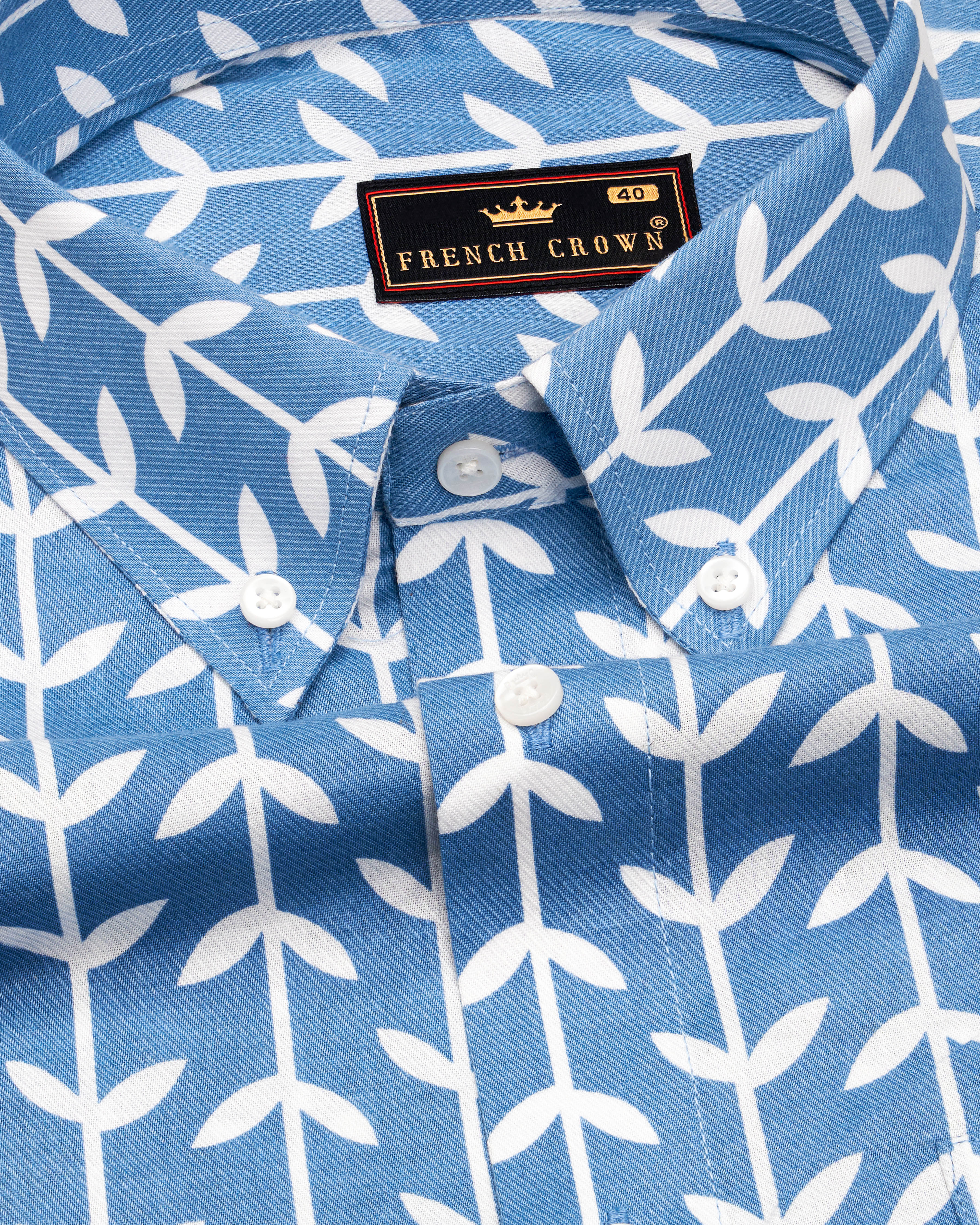 Glaucous Blue with Bright White Twill Printed Premium Cotton Shirt