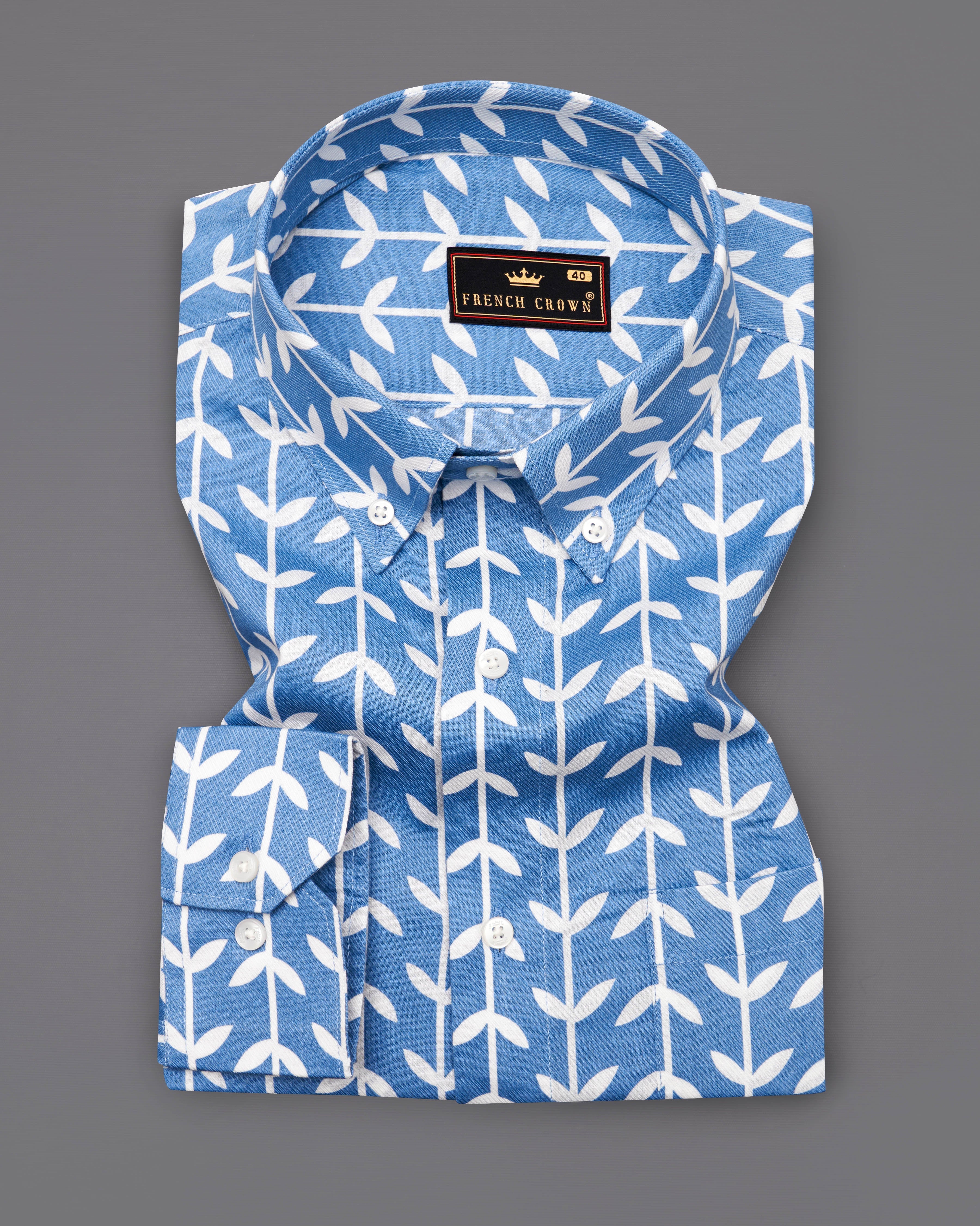 Glaucous Blue with Bright White Twill Printed Premium Cotton Shirt