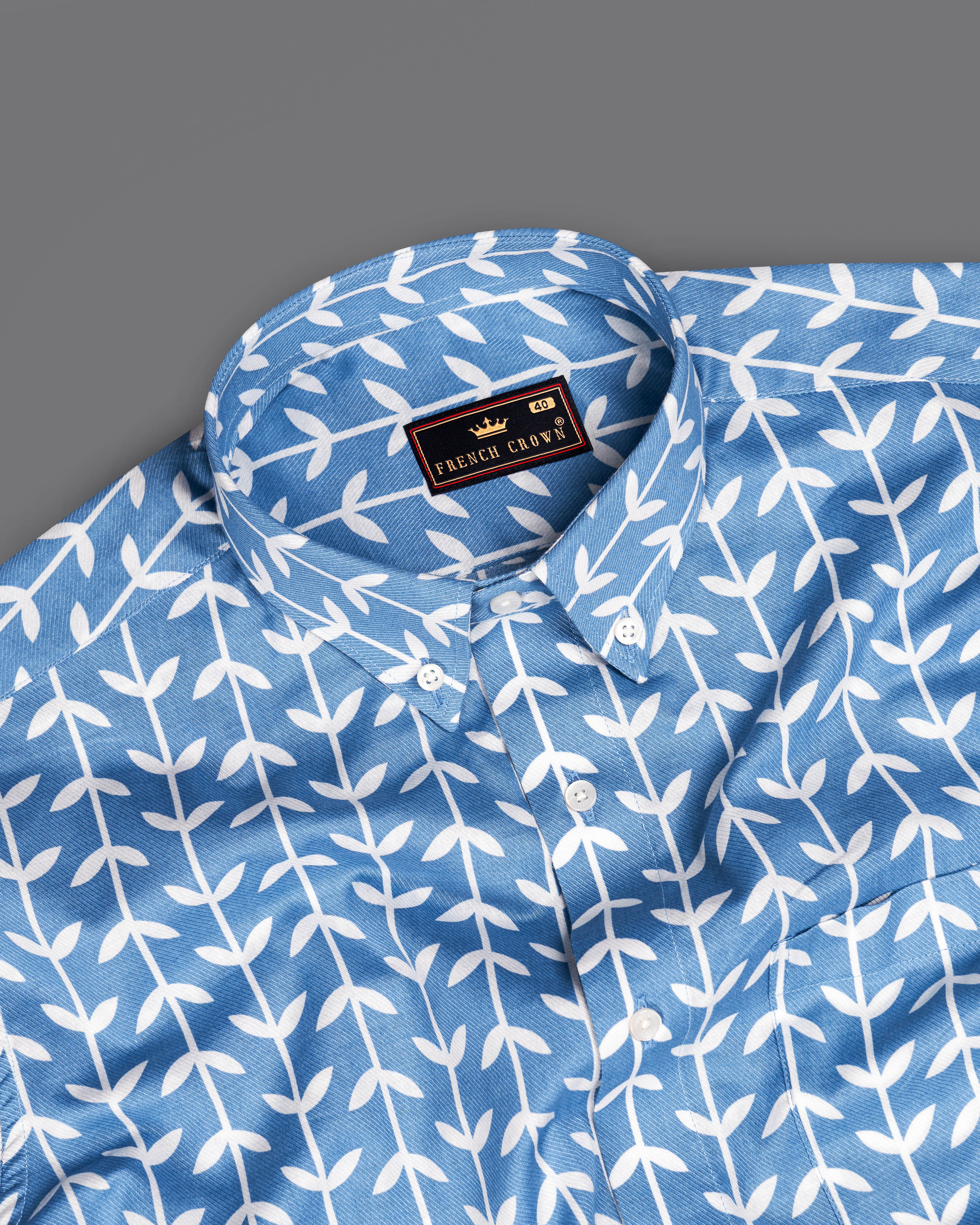 Glaucous Blue with Bright White Twill Printed Premium Cotton Shirt