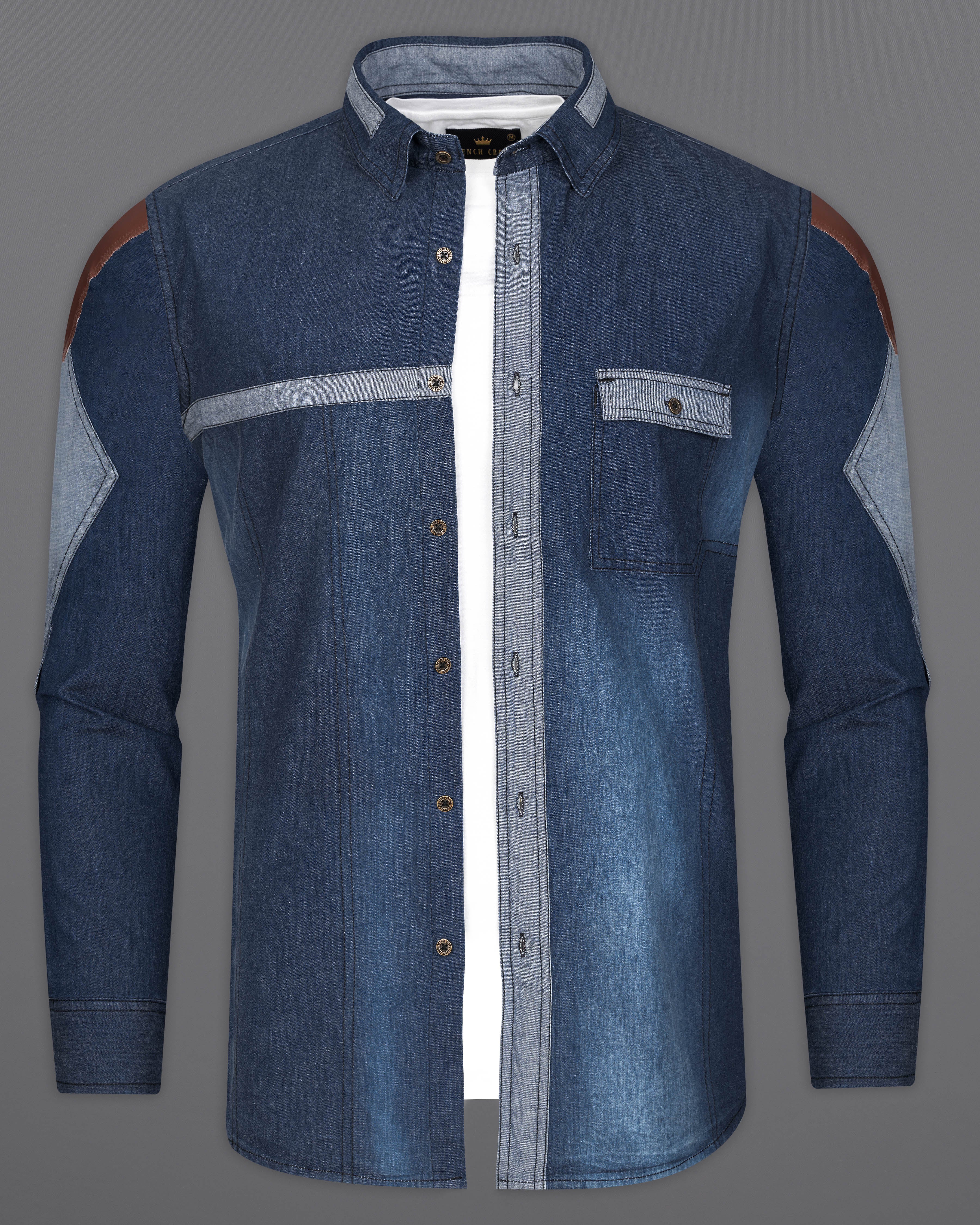 Firefly Blue Chambray Designer Overhirt with Brown Patchwork 9468-MB-38, 9468-MB-H-38, 9468-MB-39, 9468-MB-H-39, 9468-MB-40, 9468-MB-H-40, 9468-MB-42, 9468-MB-H-42, 9468-MB-44, 9468-MB-H-44, 9468-MB-46, 9468-MB-H-46, 9468-MB-48, 9468-MB-H-48, 9468-MB-50, 9468-MB-H-50, 9468-MB-52, 9468-MB-H-52