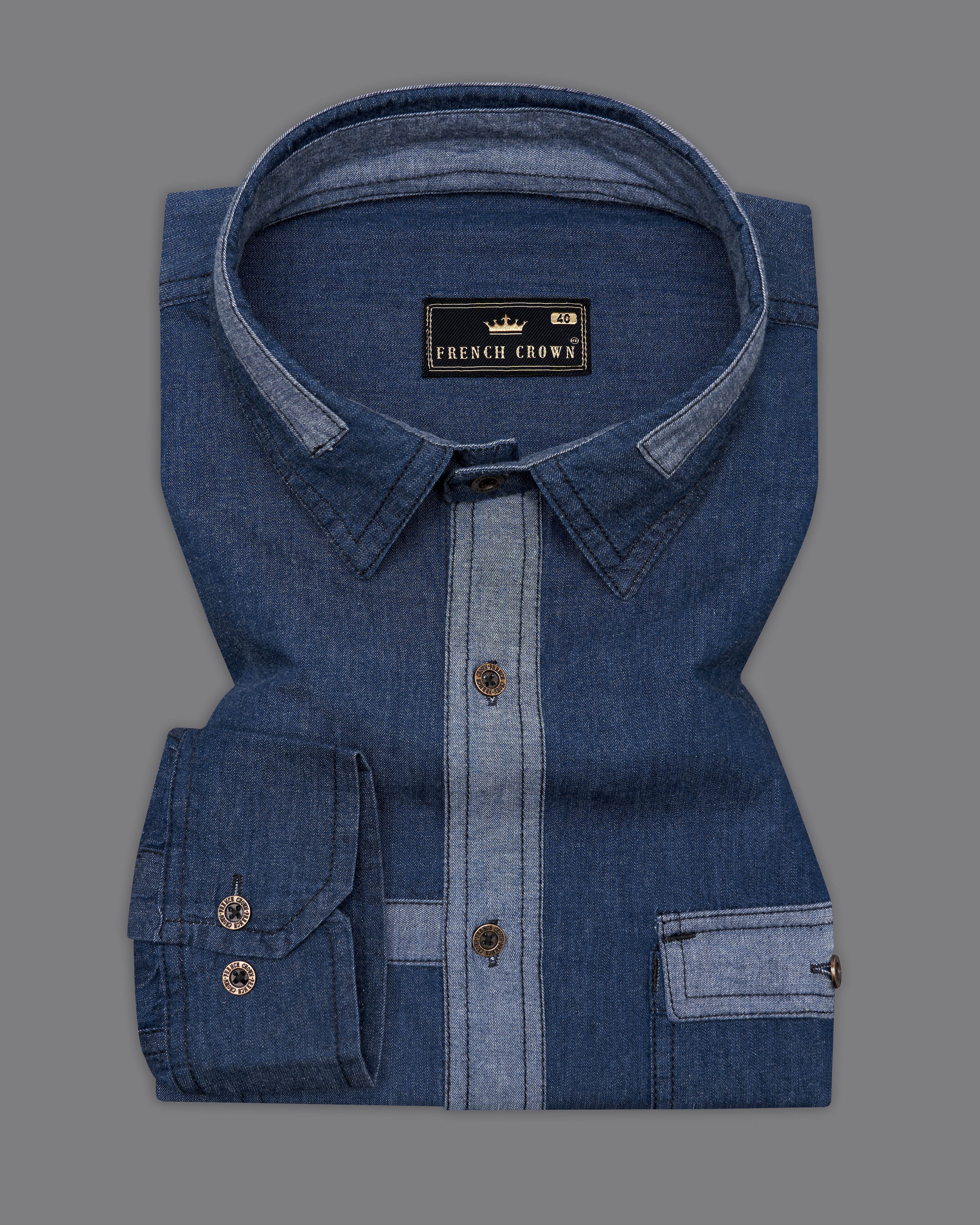 Firefly Blue Chambray Designer Overhirt with Brown Patchwork 9468-MB-38, 9468-MB-H-38, 9468-MB-39, 9468-MB-H-39, 9468-MB-40, 9468-MB-H-40, 9468-MB-42, 9468-MB-H-42, 9468-MB-44, 9468-MB-H-44, 9468-MB-46, 9468-MB-H-46, 9468-MB-48, 9468-MB-H-48, 9468-MB-50, 9468-MB-H-50, 9468-MB-52, 9468-MB-H-52