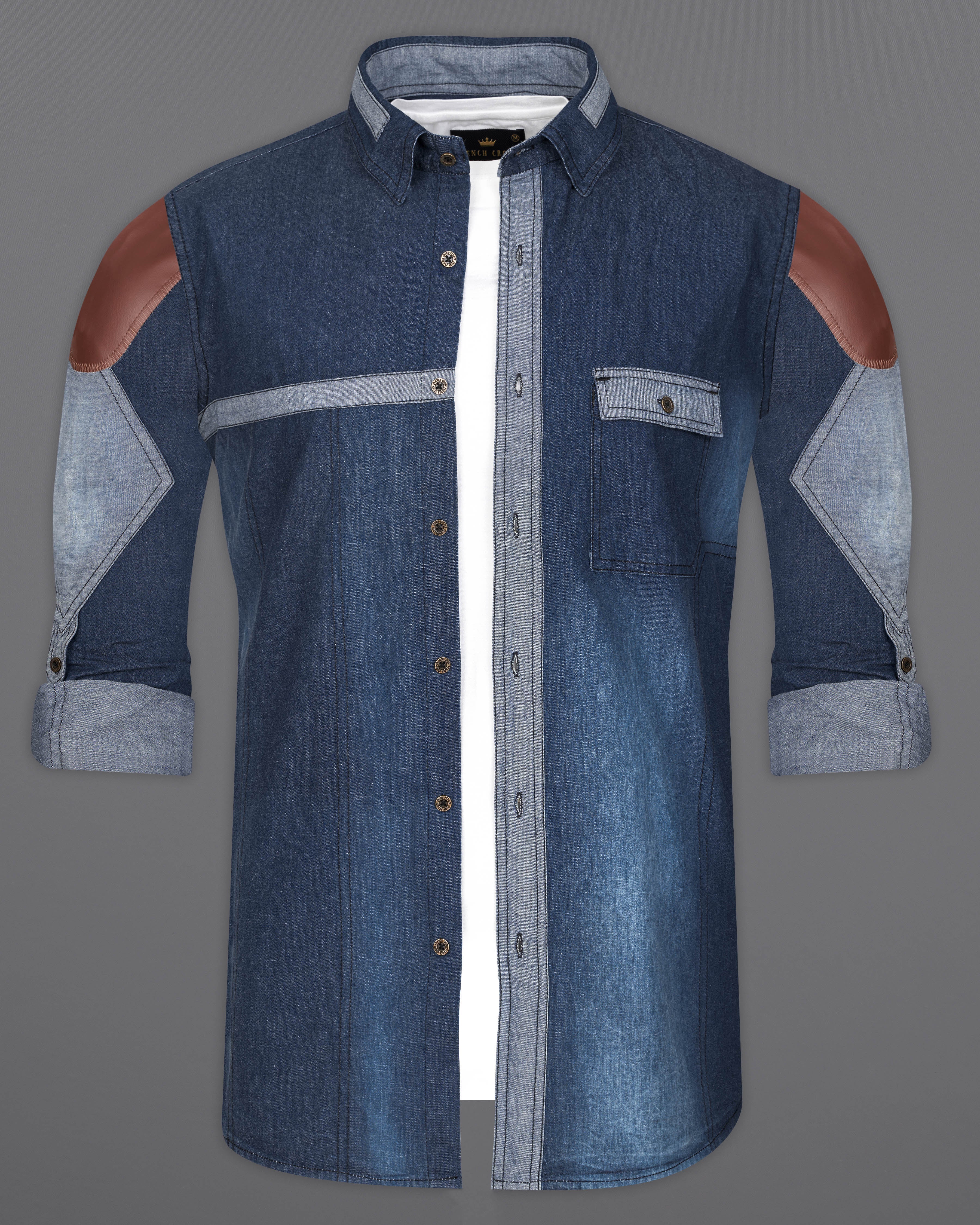 Firefly Blue Chambray Designer Overhirt with Brown Patchwork 9468-MB-38, 9468-MB-H-38, 9468-MB-39, 9468-MB-H-39, 9468-MB-40, 9468-MB-H-40, 9468-MB-42, 9468-MB-H-42, 9468-MB-44, 9468-MB-H-44, 9468-MB-46, 9468-MB-H-46, 9468-MB-48, 9468-MB-H-48, 9468-MB-50, 9468-MB-H-50, 9468-MB-52, 9468-MB-H-52