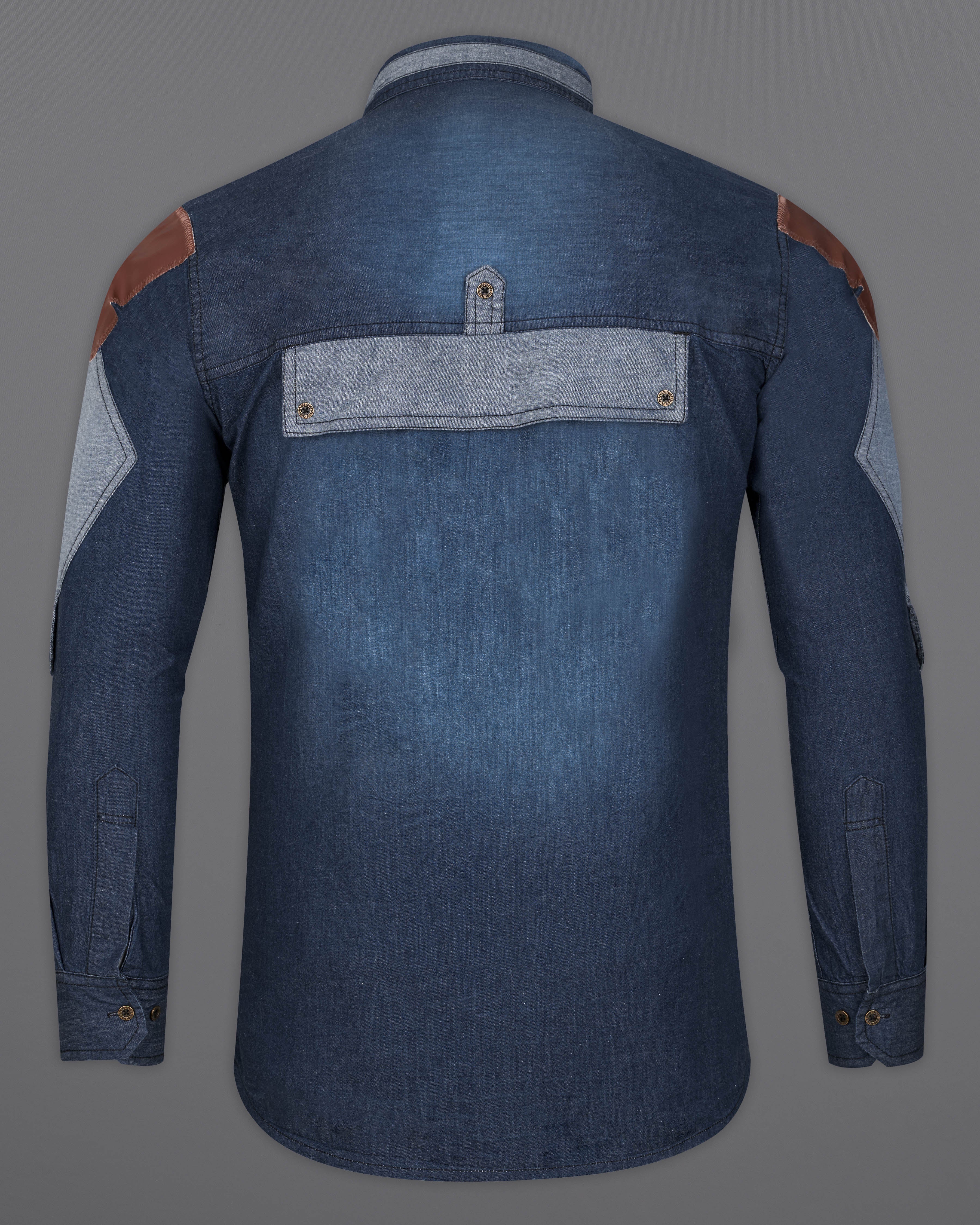 Firefly Blue Chambray Designer Overhirt with Brown Patchwork 9468-MB-38, 9468-MB-H-38, 9468-MB-39, 9468-MB-H-39, 9468-MB-40, 9468-MB-H-40, 9468-MB-42, 9468-MB-H-42, 9468-MB-44, 9468-MB-H-44, 9468-MB-46, 9468-MB-H-46, 9468-MB-48, 9468-MB-H-48, 9468-MB-50, 9468-MB-H-50, 9468-MB-52, 9468-MB-H-52