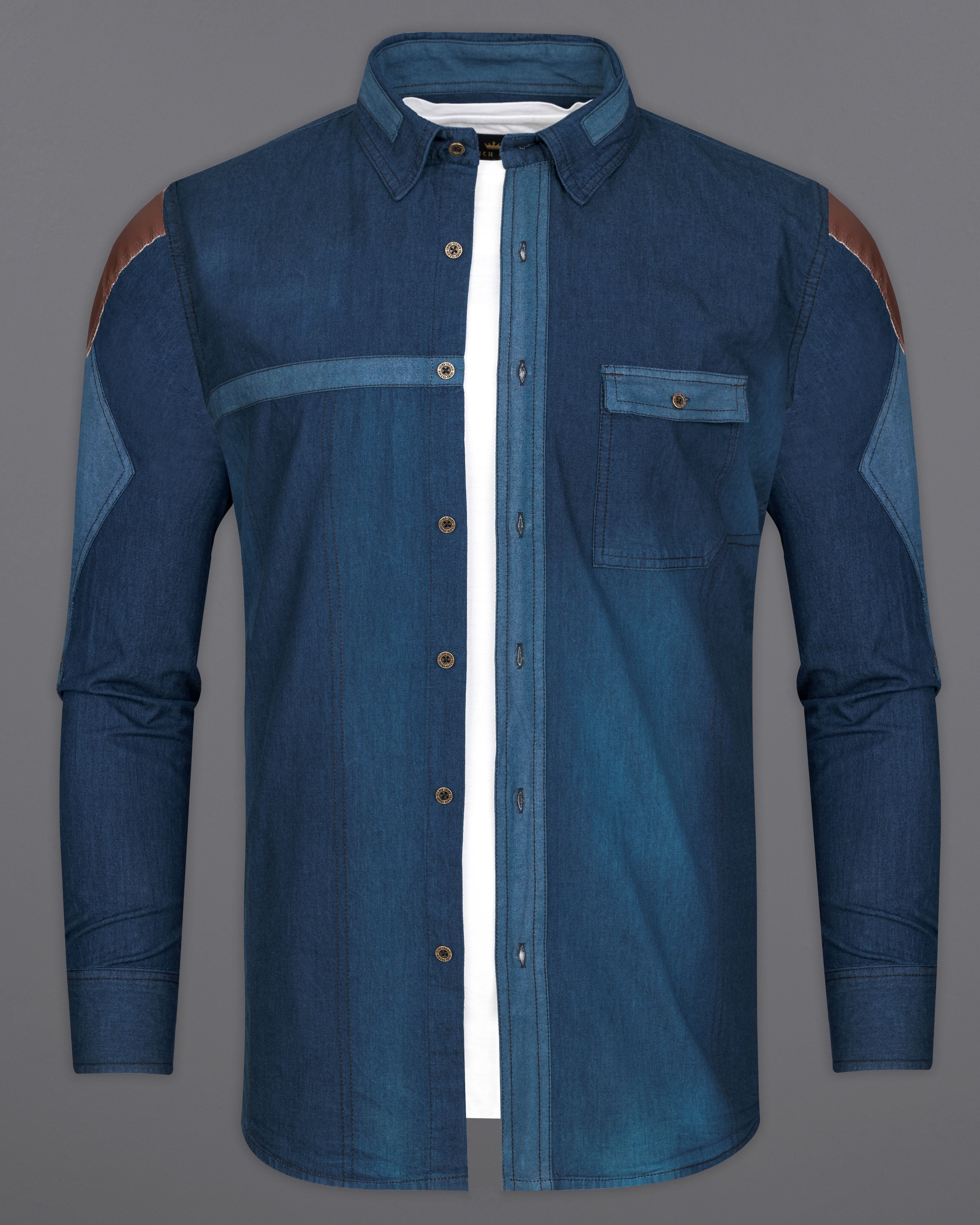 Zodiac Blue Chambray Designer Overshirt with Brown Patchwork 9469-MB-38, 9469-MB-H-38, 9469-MB-39, 9469-MB-H-39, 9469-MB-40, 9469-MB-H-40, 9469-MB-42, 9469-MB-H-42, 9469-MB-44, 9469-MB-H-44, 9469-MB-46, 9469-MB-H-46, 9469-MB-48, 9469-MB-H-48, 9469-MB-50, 9469-MB-H-50, 9469-MB-52, 9469-MB-H-52