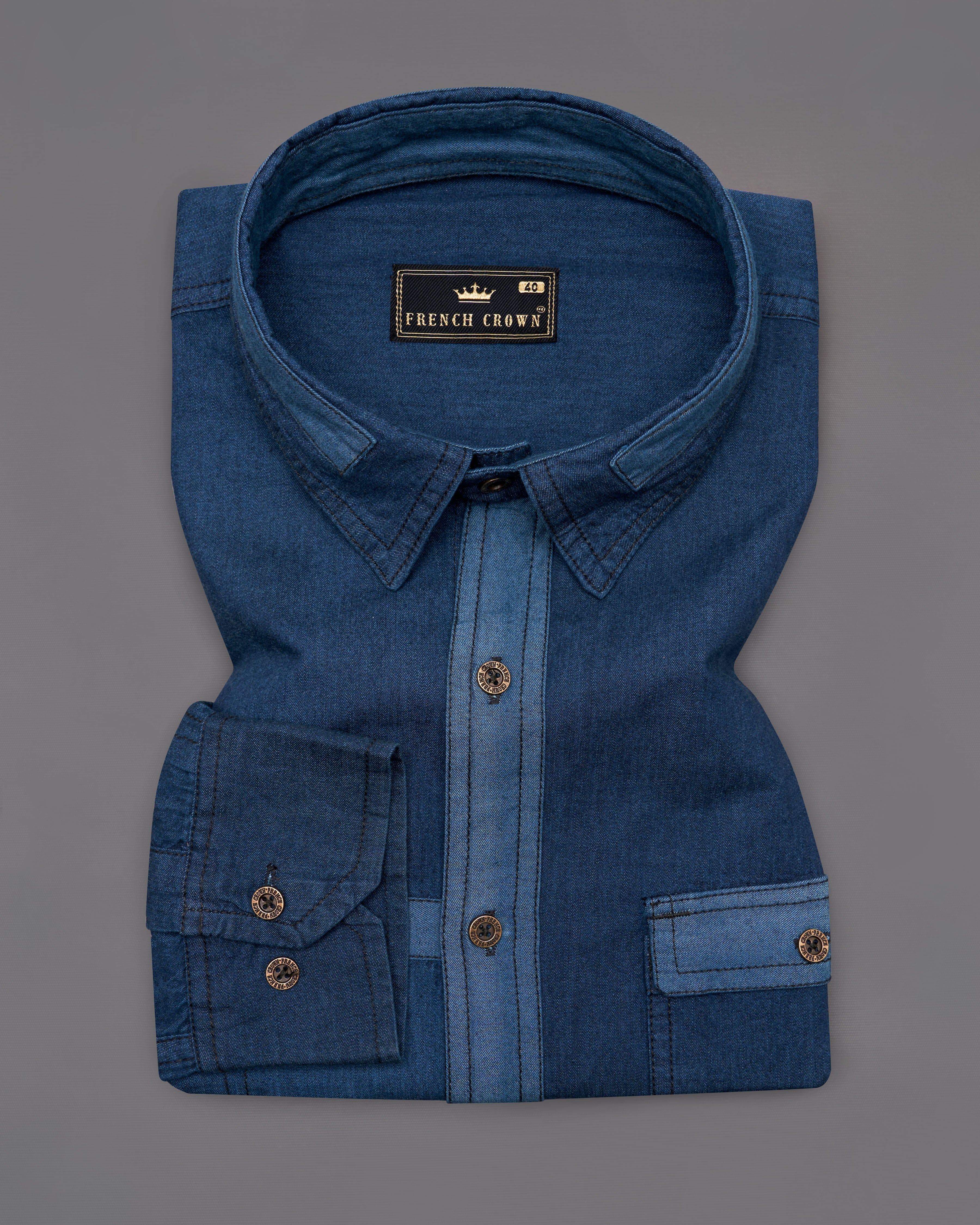 Zodiac Blue Chambray Designer Overshirt with Brown Patchwork 9469-MB-38, 9469-MB-H-38, 9469-MB-39, 9469-MB-H-39, 9469-MB-40, 9469-MB-H-40, 9469-MB-42, 9469-MB-H-42, 9469-MB-44, 9469-MB-H-44, 9469-MB-46, 9469-MB-H-46, 9469-MB-48, 9469-MB-H-48, 9469-MB-50, 9469-MB-H-50, 9469-MB-52, 9469-MB-H-52