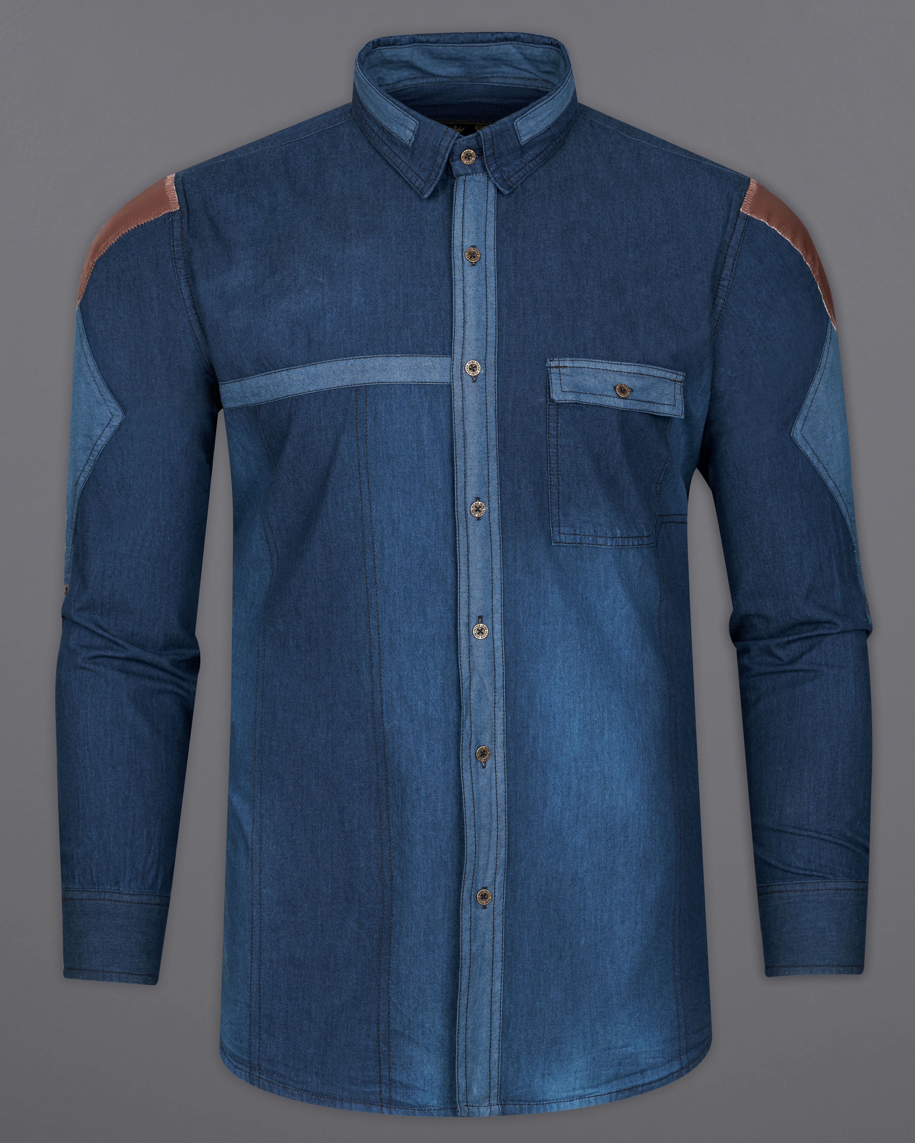 Zodiac Blue Chambray Designer Overshirt with Brown Patchwork 9469-MB-38, 9469-MB-H-38, 9469-MB-39, 9469-MB-H-39, 9469-MB-40, 9469-MB-H-40, 9469-MB-42, 9469-MB-H-42, 9469-MB-44, 9469-MB-H-44, 9469-MB-46, 9469-MB-H-46, 9469-MB-48, 9469-MB-H-48, 9469-MB-50, 9469-MB-H-50, 9469-MB-52, 9469-MB-H-52