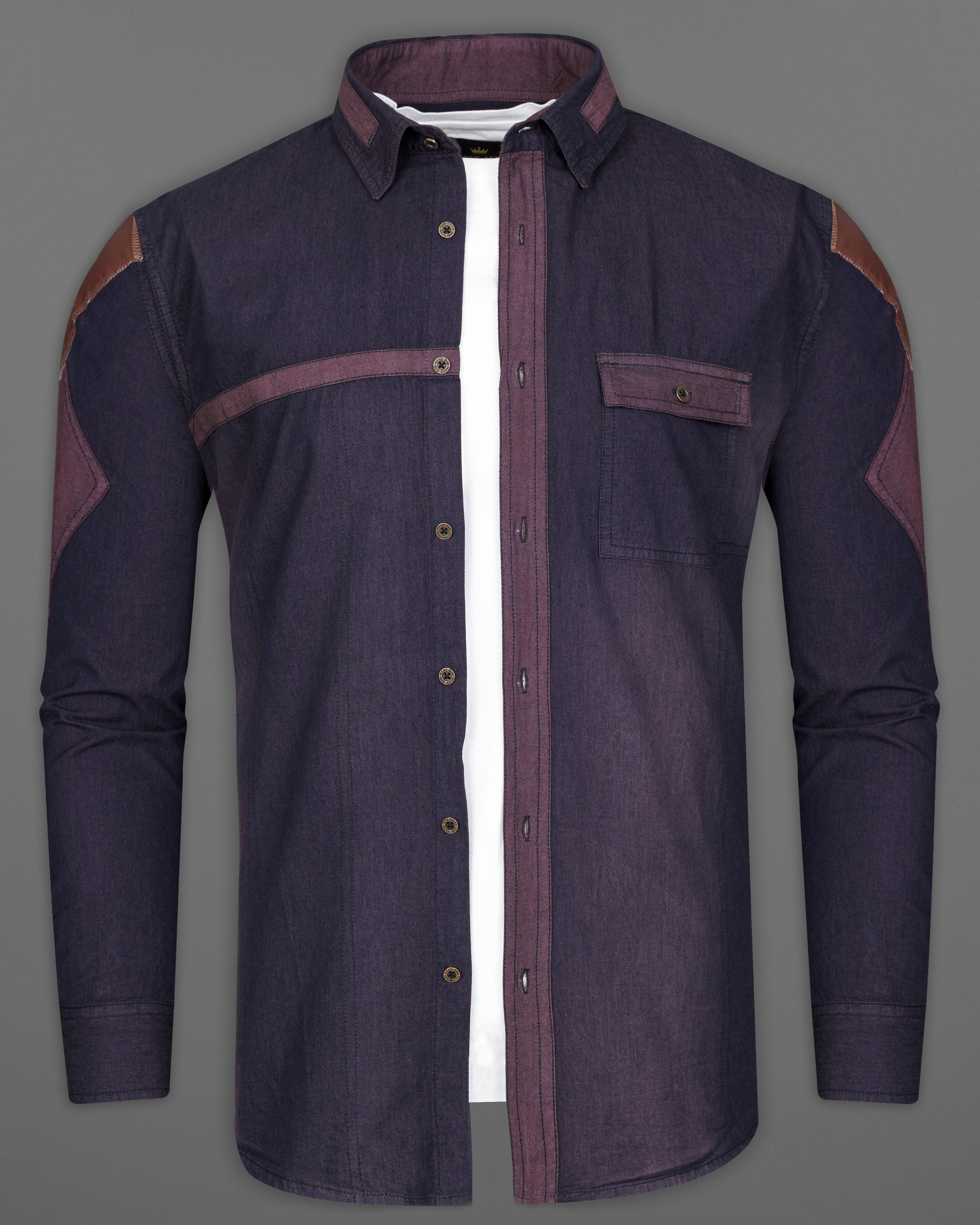 Thunder Purple Chambray Designer Overshirt with Brown Patchwork 9470-MB-38, 9470-MB-H-38, 9470-MB-39, 9470-MB-H-39, 9470-MB-40, 9470-MB-H-40, 9470-MB-42, 9470-MB-H-42, 9470-MB-44, 9470-MB-H-44, 9470-MB-46, 9470-MB-H-46, 9470-MB-48, 9470-MB-H-48, 9470-MB-50, 9470-MB-H-50, 9470-MB-52, 9470-MB-H-52