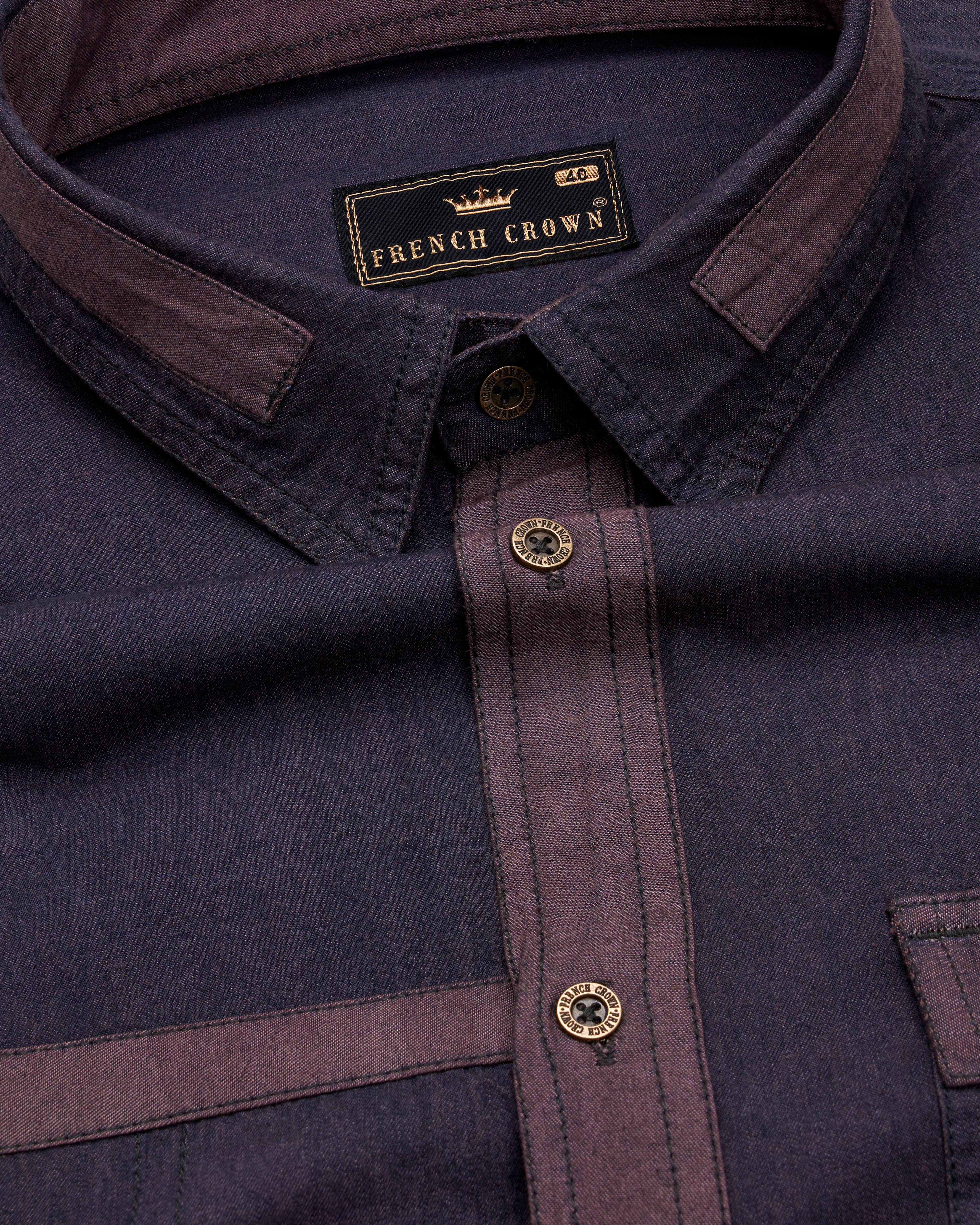 Thunder Purple Chambray Denim Designer Shirt with Brown Patchwork