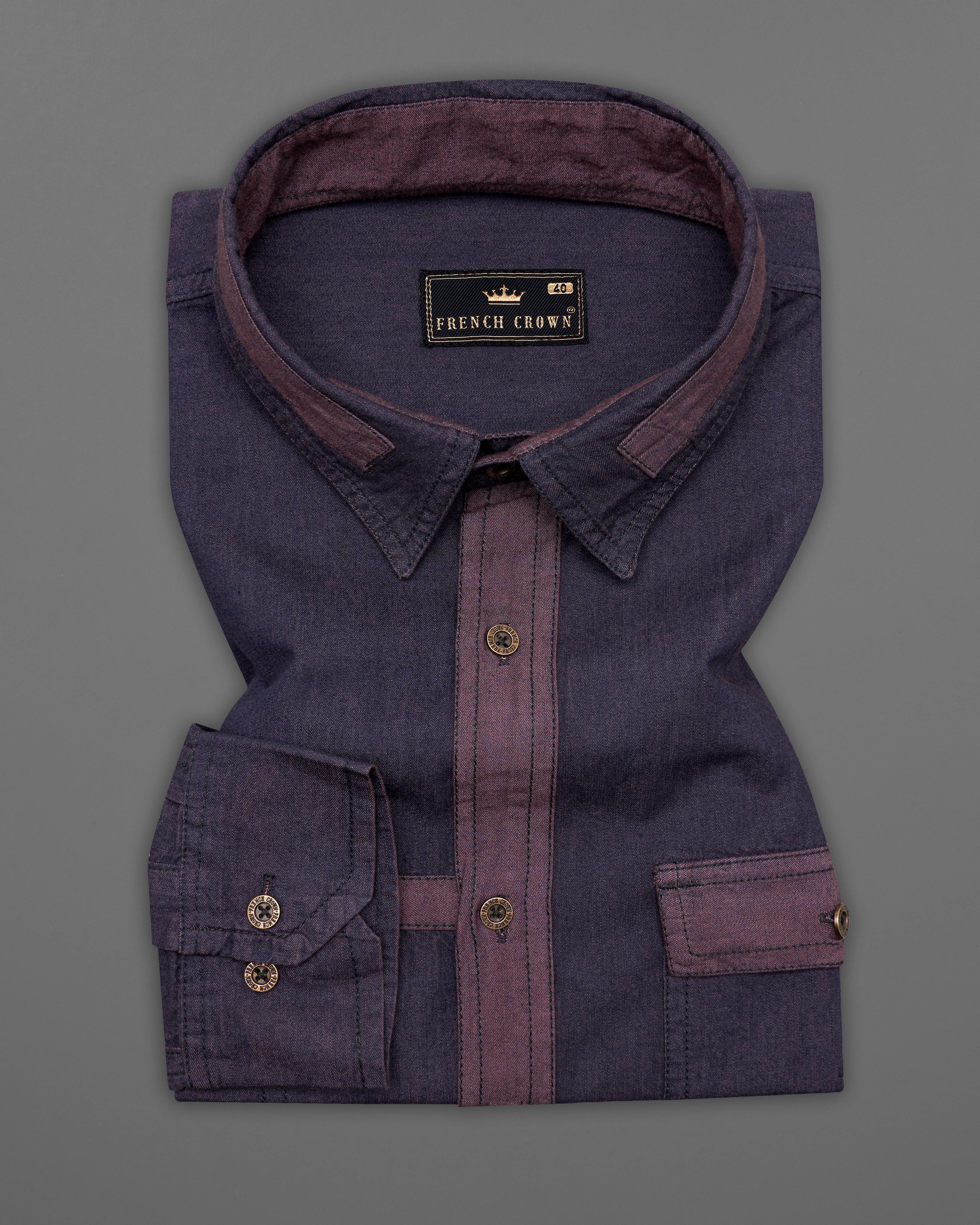 Thunder Purple Chambray Designer Overshirt with Brown Patchwork 9470-MB-38, 9470-MB-H-38, 9470-MB-39, 9470-MB-H-39, 9470-MB-40, 9470-MB-H-40, 9470-MB-42, 9470-MB-H-42, 9470-MB-44, 9470-MB-H-44, 9470-MB-46, 9470-MB-H-46, 9470-MB-48, 9470-MB-H-48, 9470-MB-50, 9470-MB-H-50, 9470-MB-52, 9470-MB-H-52