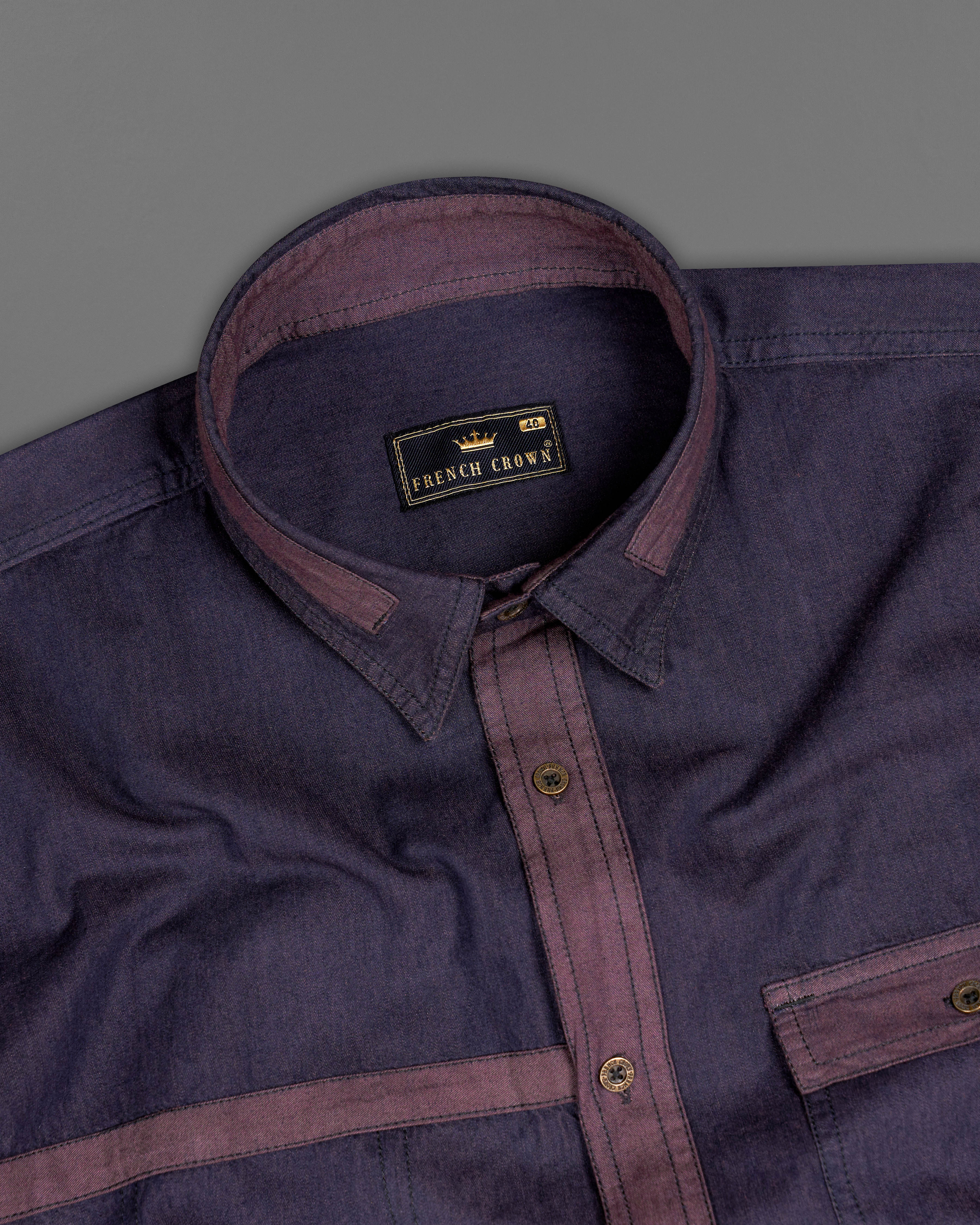 Thunder Purple Chambray Designer Overshirt with Brown Patchwork 9470-MB-38, 9470-MB-H-38, 9470-MB-39, 9470-MB-H-39, 9470-MB-40, 9470-MB-H-40, 9470-MB-42, 9470-MB-H-42, 9470-MB-44, 9470-MB-H-44, 9470-MB-46, 9470-MB-H-46, 9470-MB-48, 9470-MB-H-48, 9470-MB-50, 9470-MB-H-50, 9470-MB-52, 9470-MB-H-52