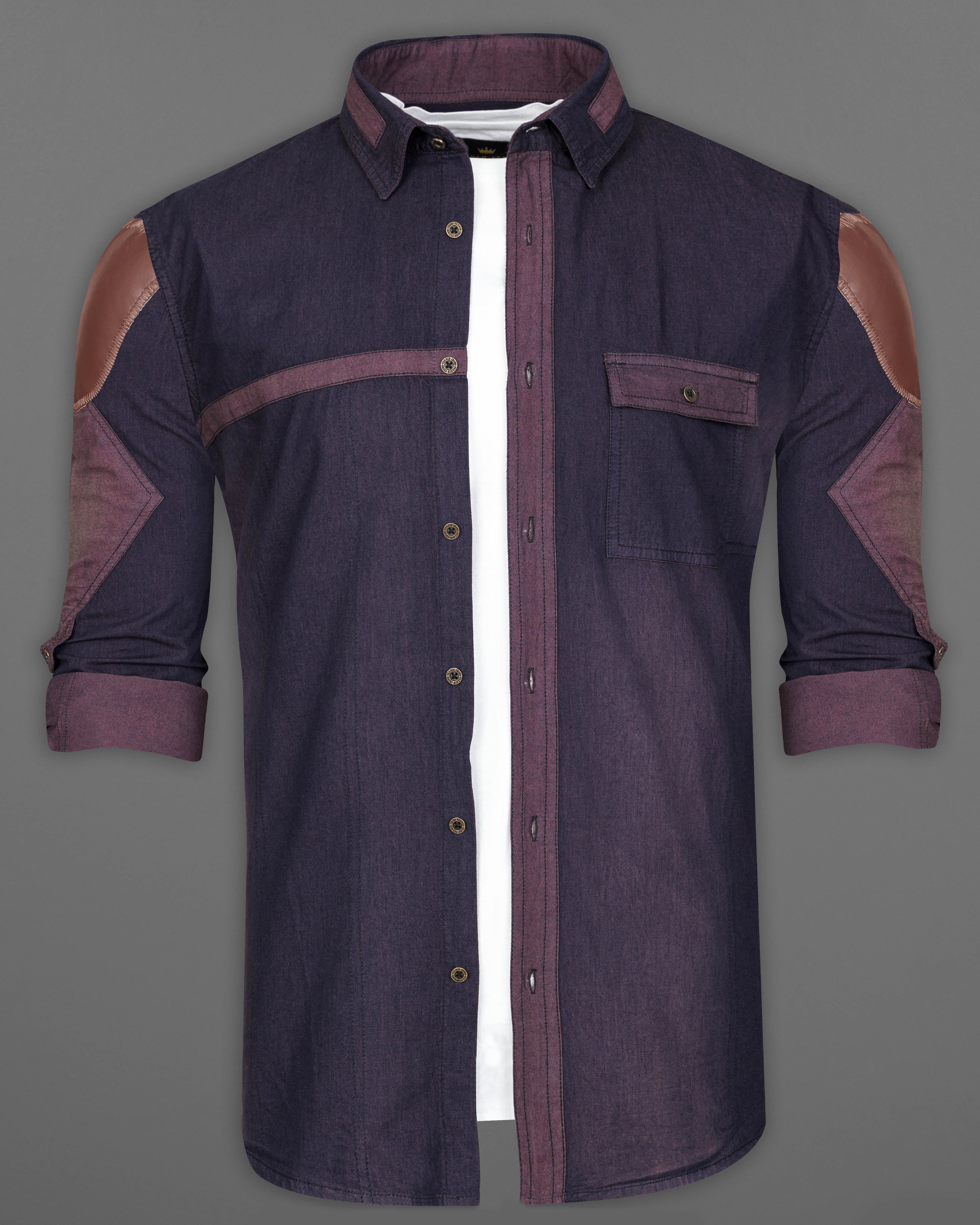 Thunder Purple Chambray Designer Overshirt with Brown Patchwork 9470-MB-38, 9470-MB-H-38, 9470-MB-39, 9470-MB-H-39, 9470-MB-40, 9470-MB-H-40, 9470-MB-42, 9470-MB-H-42, 9470-MB-44, 9470-MB-H-44, 9470-MB-46, 9470-MB-H-46, 9470-MB-48, 9470-MB-H-48, 9470-MB-50, 9470-MB-H-50, 9470-MB-52, 9470-MB-H-52