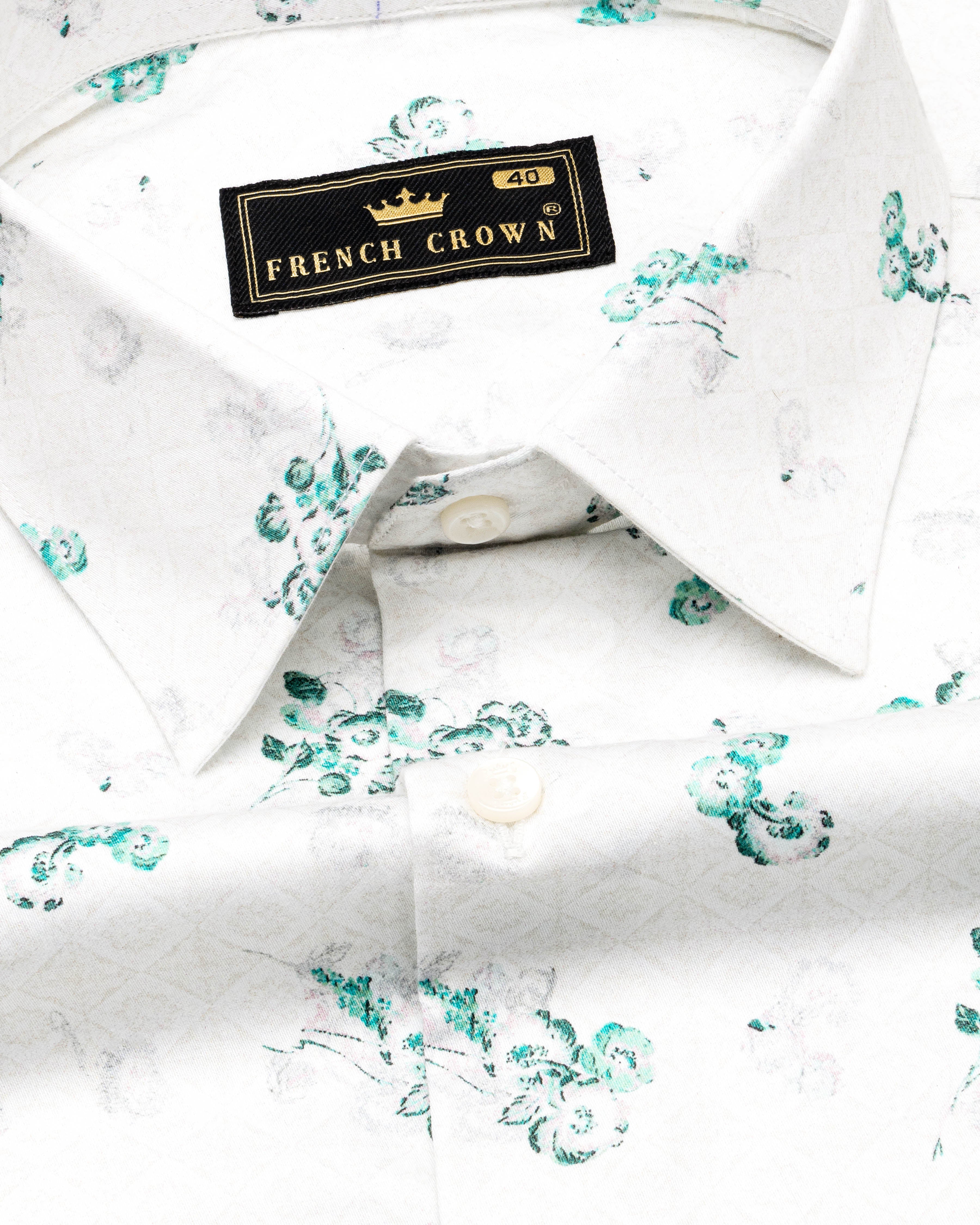 Bright White with Chinook Green Ditsy Printed Super Soft Premium Cotton Shirt 9529-38, 9529-H-38, 9529-39, 9529-H-39, 9529-40, 9529-H-40, 9529-42, 9529-H-42, 9529-44, 9529-H-44, 9529-46, 9529-H-46, 9529-48, 9529-H-48, 9529-50, 9529-H-50, 9529-52, 9529-H-52