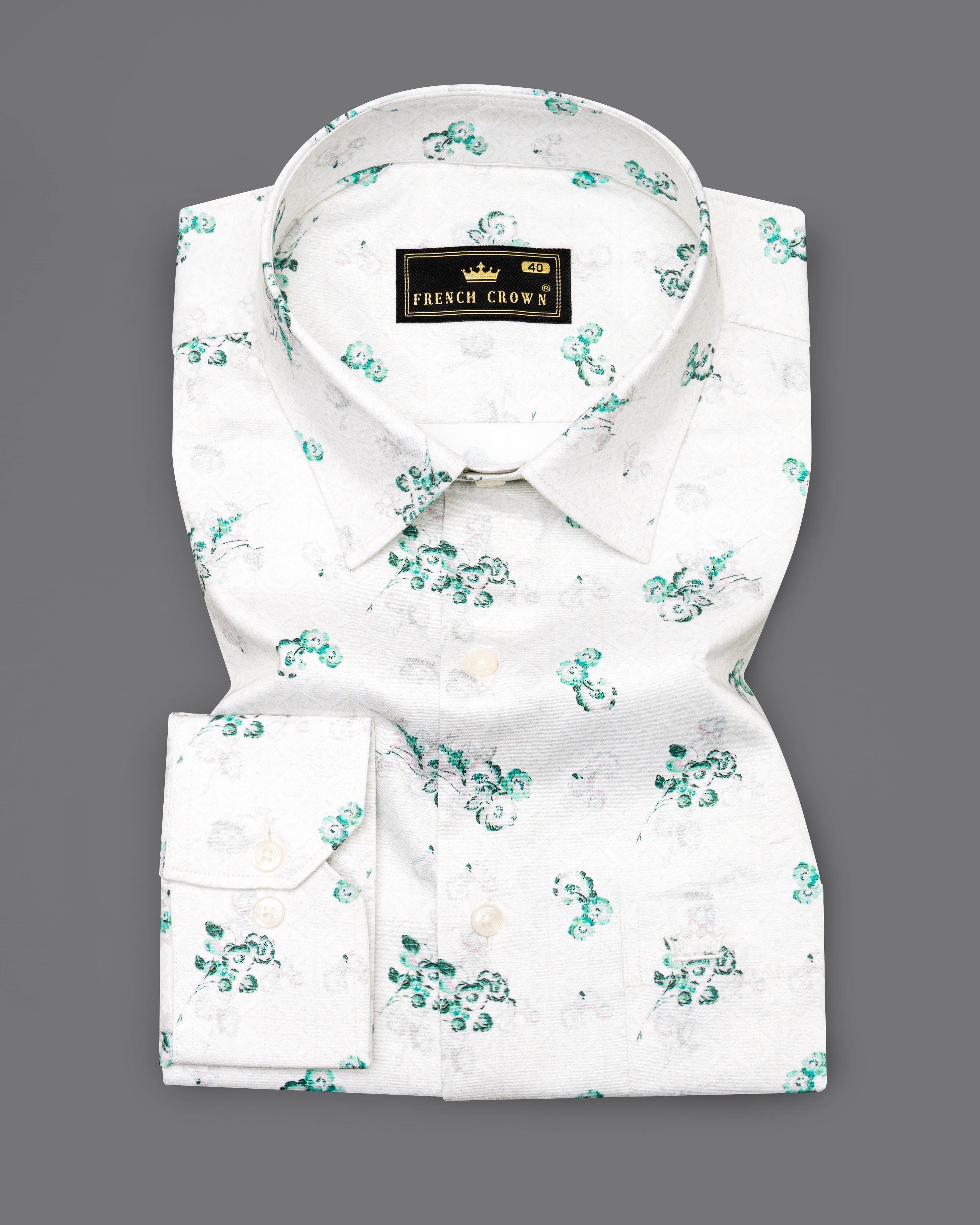 Bright White with Chinook Green Ditsy Printed Super Soft Premium Cotton Shirt 9529-38, 9529-H-38, 9529-39, 9529-H-39, 9529-40, 9529-H-40, 9529-42, 9529-H-42, 9529-44, 9529-H-44, 9529-46, 9529-H-46, 9529-48, 9529-H-48, 9529-50, 9529-H-50, 9529-52, 9529-H-52