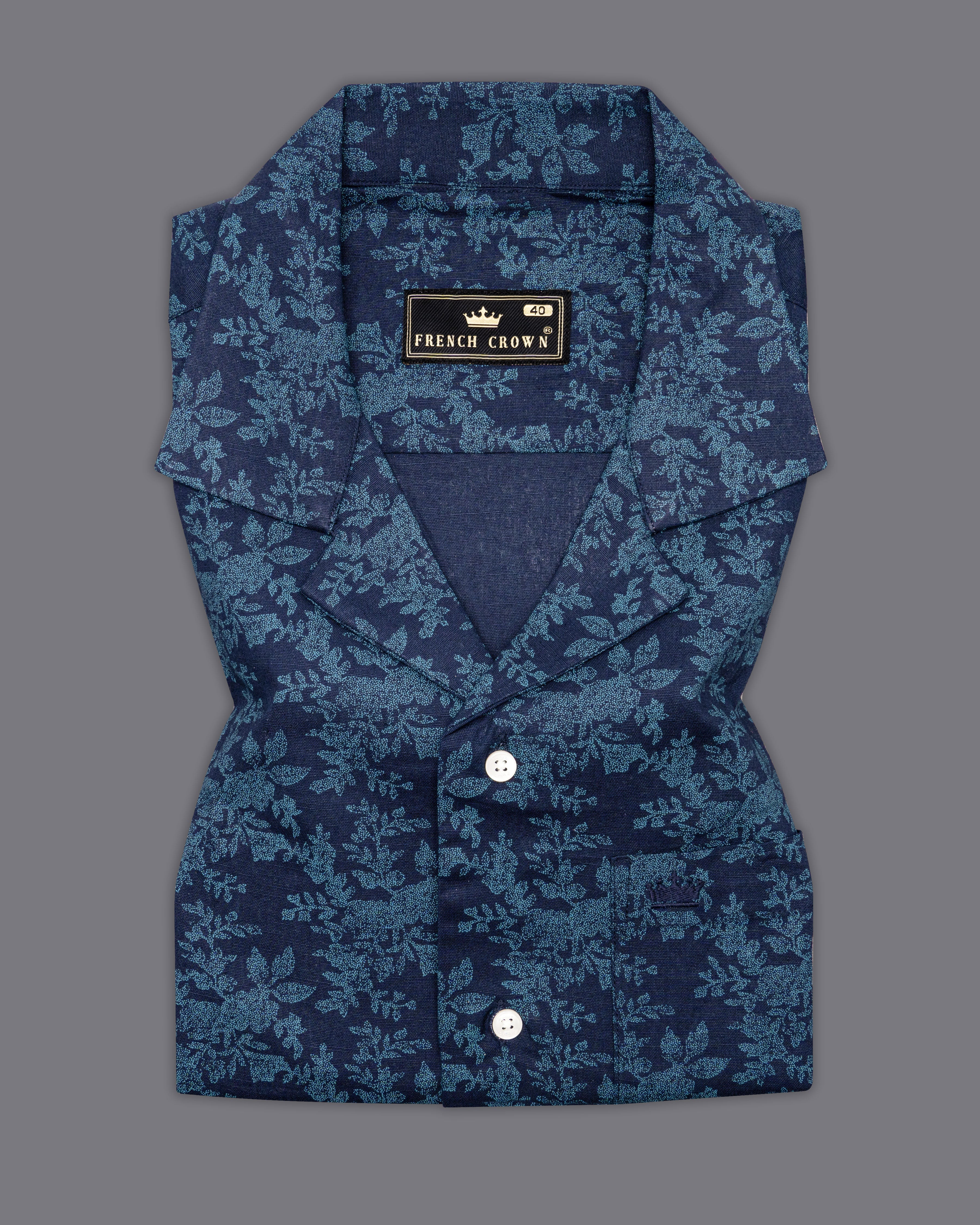 Rhino Blue with Greenish Leaves Textured Luxurious Linen Shirt         9534-CC-SS-H-38, 9534-CC-SS-H-39, 9534-CC-SS-H-40, 9534-CC-SS-H-42, 9534-CC-SS-H-44, 9534-CC-SS-H-46, 9534-CC-SS-H-48, 9534-CC-SS-H-50,  9534-CC-SS-H-52