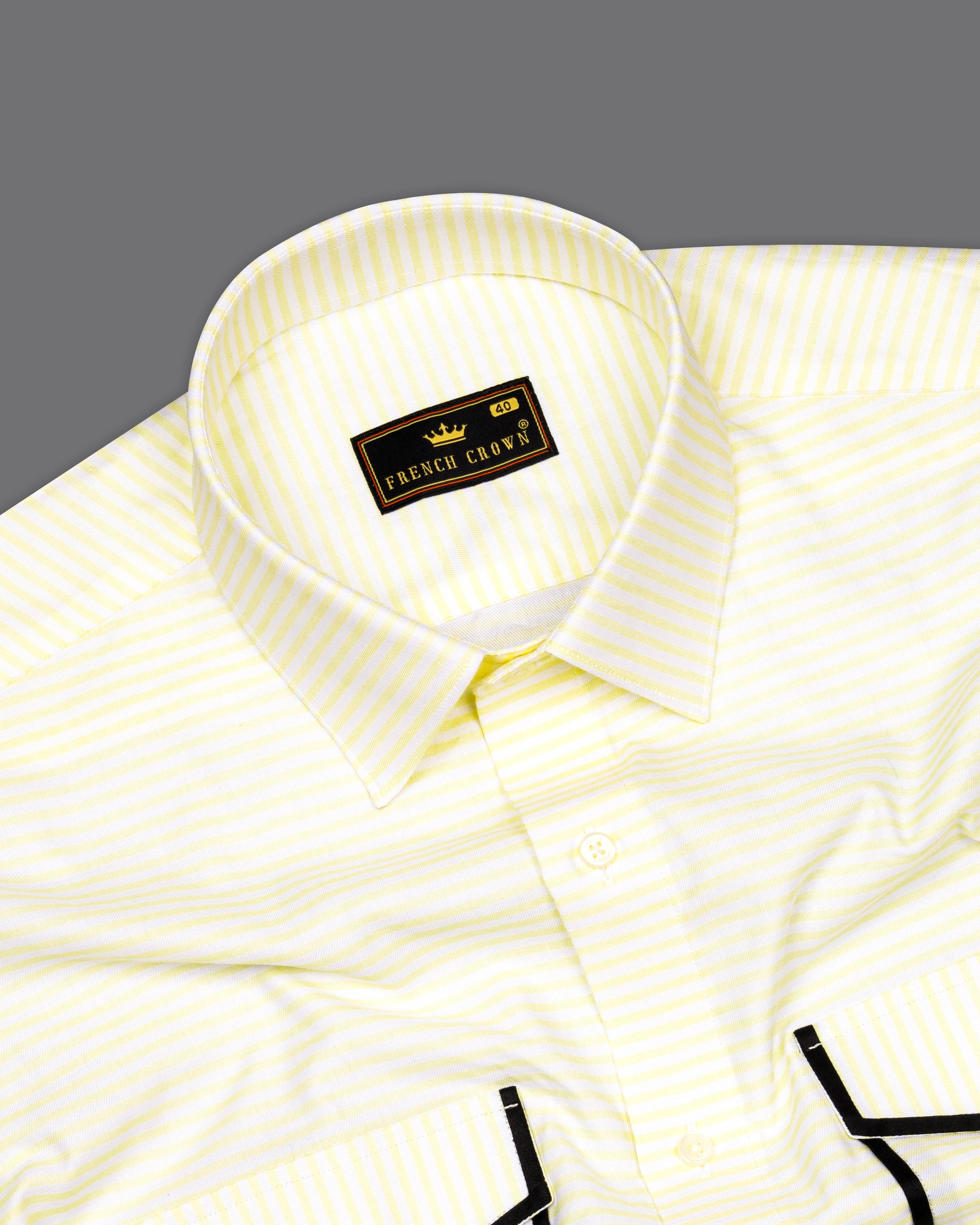 Oasis Yellow and White Striped with Black Piping Work Twill Premium Cotton Shirt 9539-D21-38, 9539-D21-H-38, 9539-D21-39, 9539-D21-H-39, 9539-D21-40, 9539-D21-H-40, 9539-D21-42, 9539-D21-H-42, 9539-D21-44, 9539-D21-H-44, 9539-D21-46, 9539-D21-H-46, 9539-D21-48, 9539-D21-H-48, 9539-D21-50, 9539-D21-H-50, 9539-D21-52, 9539-D21-H-52