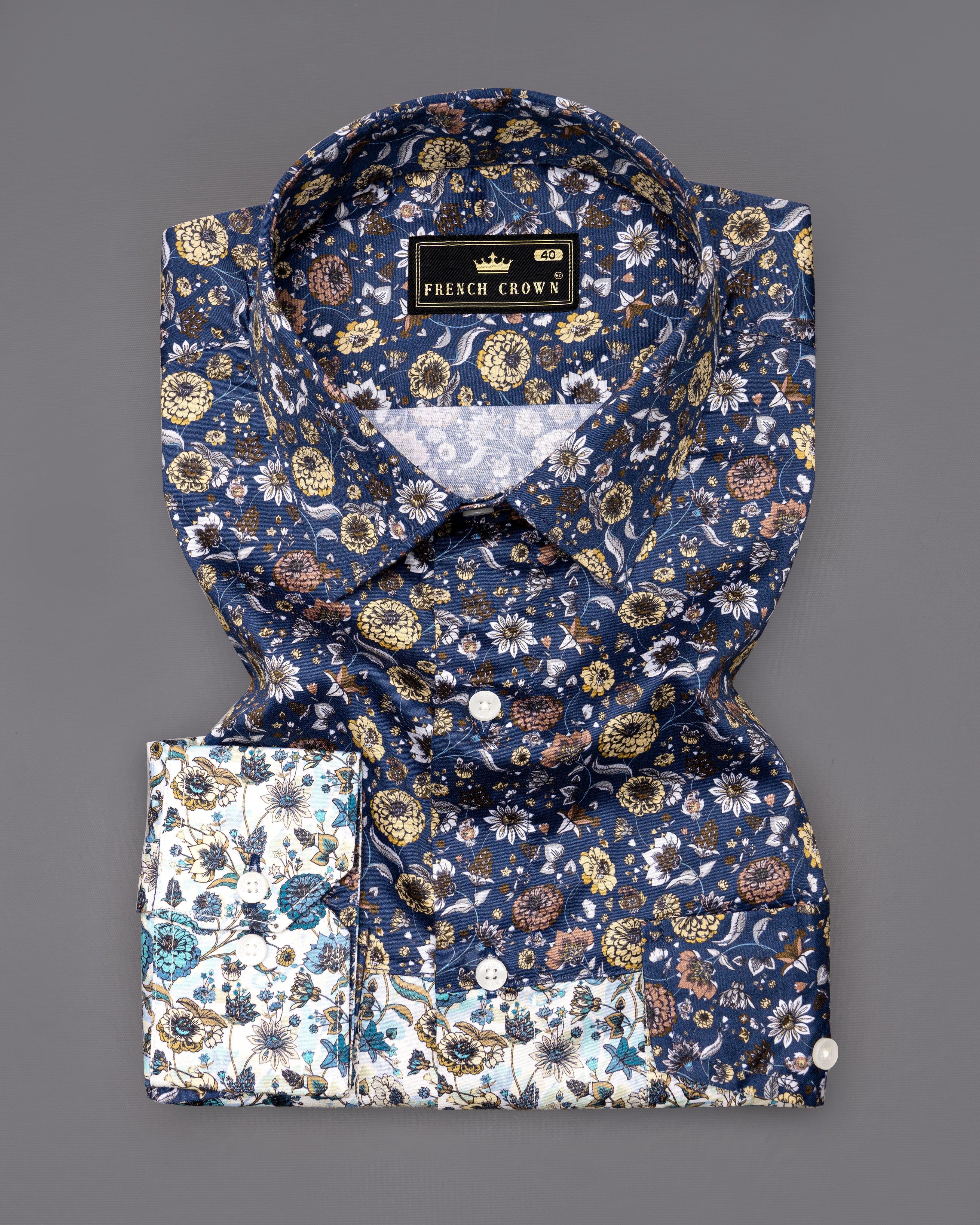 Merino Cream with Zodiac Navy Blue Floral Printed Super Soft Premium Cotton Designer Shirt 9553-P469-38, 9553-P469-H-38, 9553-P469-39, 9553-P469-H-39, 9553-P469-40, 9553-P469-H-40, 9553-P469-42, 9553-P469-H-42, 9553-P469-44, 9553-P469-H-44, 9553-P469-46, 9553-P469-H-46, 9553-P469-48, 9553-P469-H-48, 9553-P469-50, 9553-P469-H-50, 9553-P469-52, 9553-P469-H-52