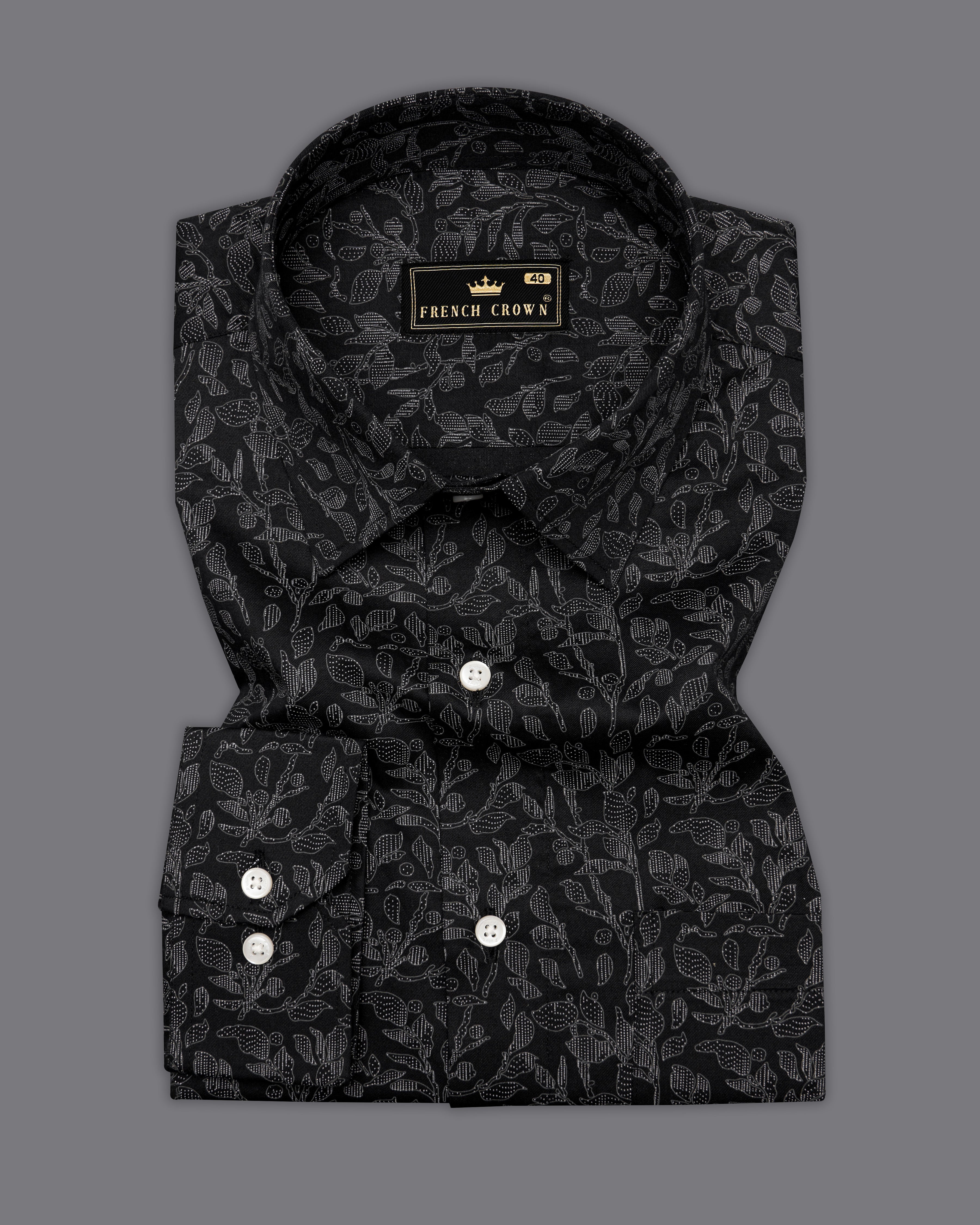 Jade Black with Leaves Printed Super Soft Premium Cotton Shirt 9686-38, 9686-H-38, 9686-39, 9686-H-39, 9686-40, 9686-H-40, 9686-42, 9686-H-42, 9686-44, 9686-H-44, 9686-46, 9686-H-46, 9686-48, 9686-H-48, 9686-50, 9686-H-50, 9686-52, 9686-H-52