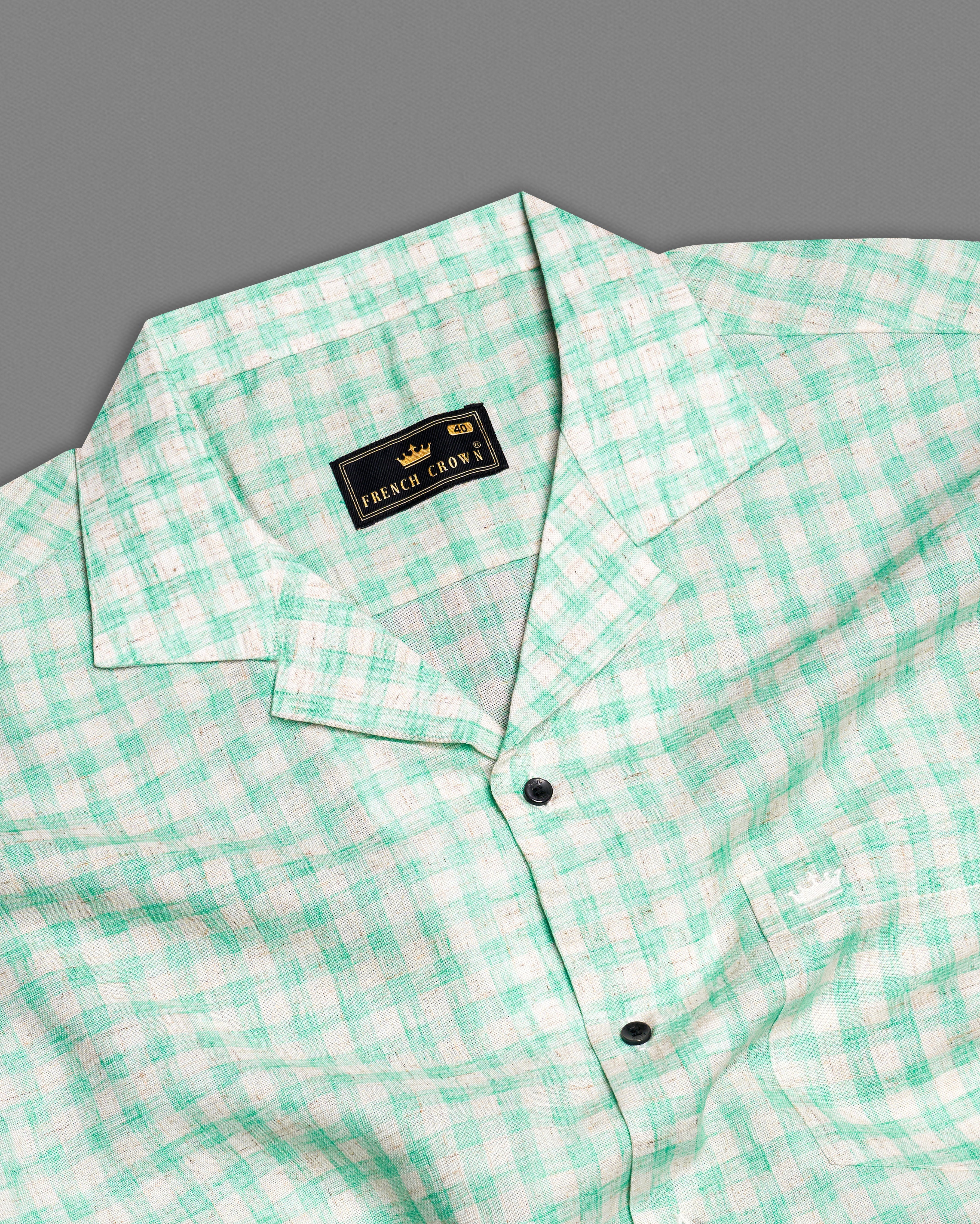 Turquoise Green and Mercury Gray Checkered Half-Sleeved Luxurious Linen Shirt 9699-CC-BLK-SS-38, 9699-CC-BLK-SS-39, 9699-CC-BLK-SS-40, 9699-CC-BLK-SS-42, 9699-CC-BLK-SS-44, 9699-CC-BLK-SS-46, 9699-CC-BLK-SS-48, 9699-CC-BLK-SS-50, 9699-CC-BLK-SS-52