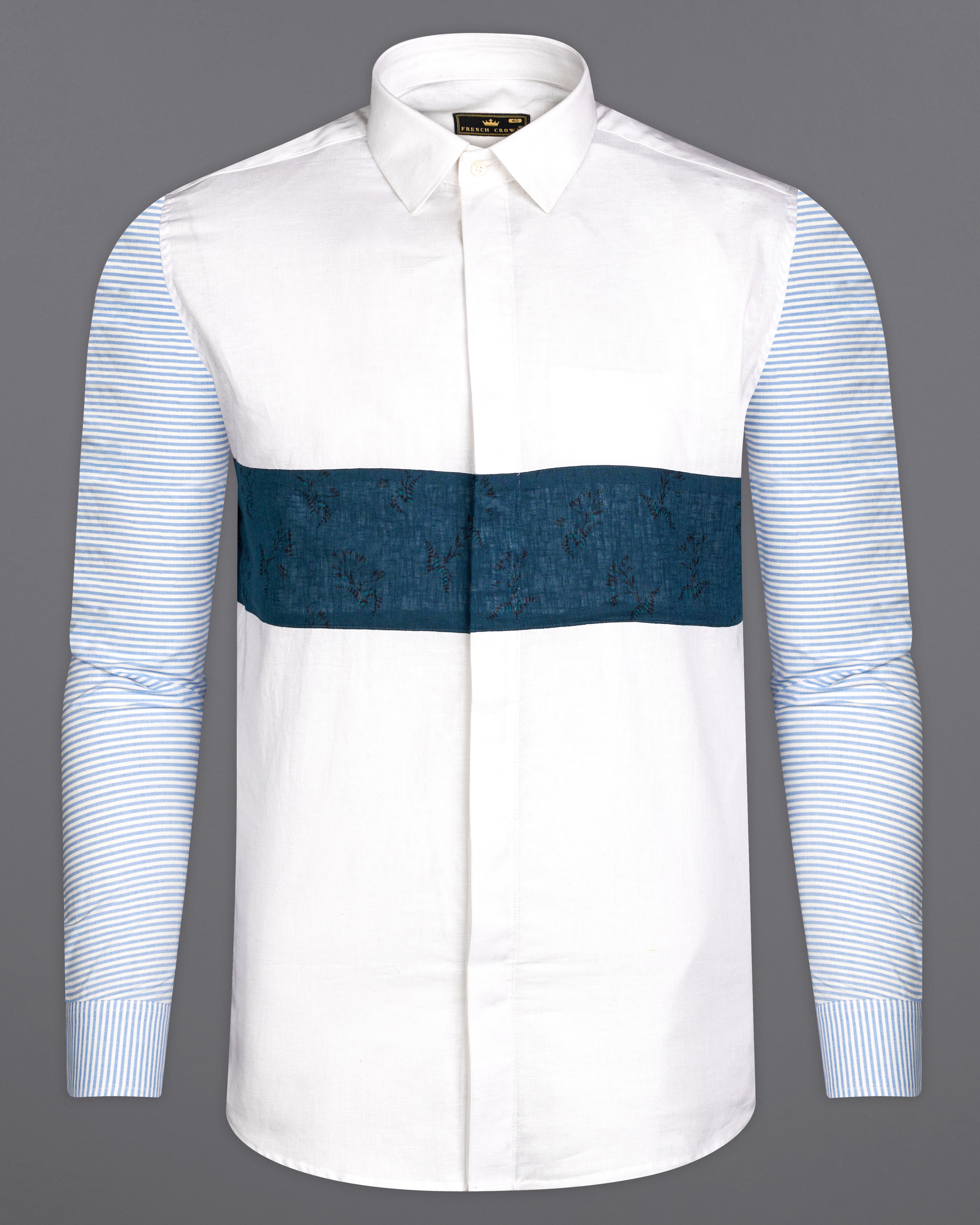 Off White with CloudBurst Blue Patch Work Luxurious Linen Designer Shirt 9834-P177-38, 9834-P177-H-38, 9834-P177-39, 9834-P177-H-39, 9834-P177-40, 9834-P177-H-40, 9834-P177-42, 9834-P177-H-42, 9834-P177-44, 9834-P177-H-44, 9834-P177-46, 9834-P177-H-46, 9834-P177-48, 9834-P177-H-48, 9834-P177-50, 9834-P177-H-50, 9834-P177-52, 9834-P177-H-52