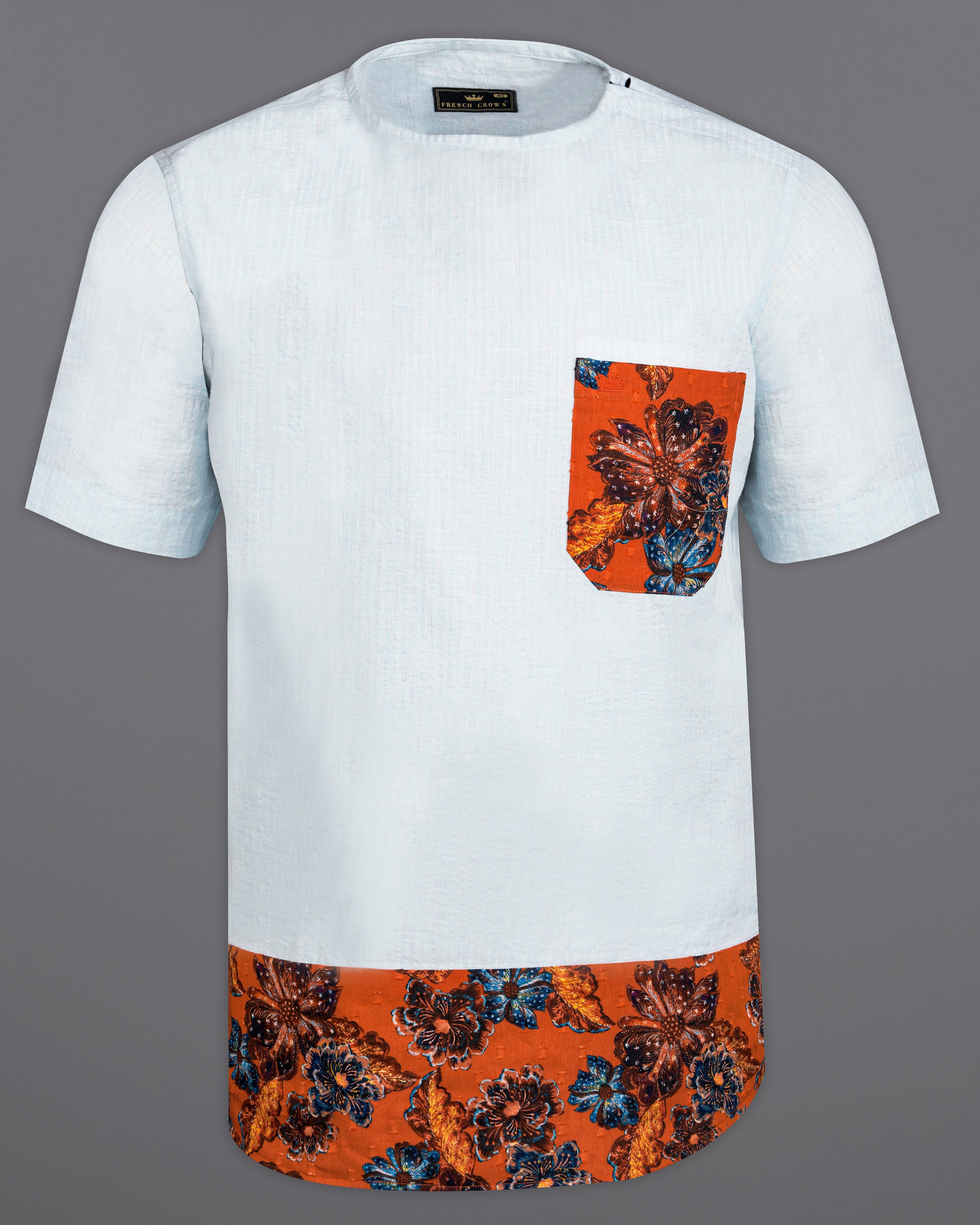 Porcelain Gray with Fame Orange Floral Printed Seersucker Designer Bush Shirt 9879-WOC-ZP-SS-P348-38, 9879-WOC-ZP-SS-P348-39, 9879-WOC-ZP-SS-P348-40, 9879-WOC-ZP-SS-P348-42, 9879-WOC-ZP-SS-P348-44, 9879-WOC-ZP-SS-P348-46, 9879-WOC-ZP-SS-P348-48, 9879-WOC-ZP-SS-P348-50, 9879-WOC-ZP-SS-P348-52 