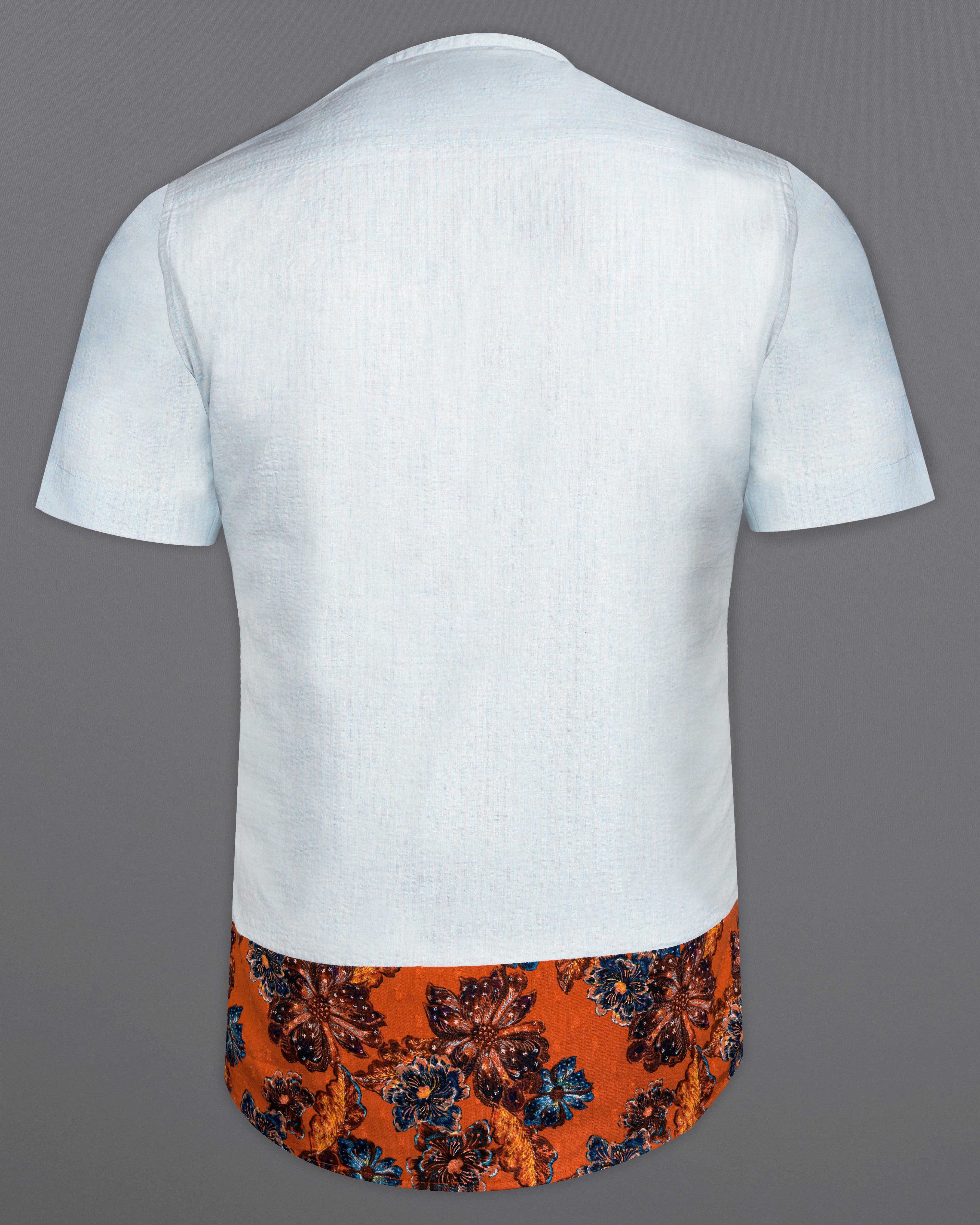 Porcelain Gray with Fame Orange Floral Printed Seersucker Designer Bush Shirt 9879-WOC-ZP-SS-P348-38, 9879-WOC-ZP-SS-P348-39, 9879-WOC-ZP-SS-P348-40, 9879-WOC-ZP-SS-P348-42, 9879-WOC-ZP-SS-P348-44, 9879-WOC-ZP-SS-P348-46, 9879-WOC-ZP-SS-P348-48, 9879-WOC-ZP-SS-P348-50, 9879-WOC-ZP-SS-P348-52 