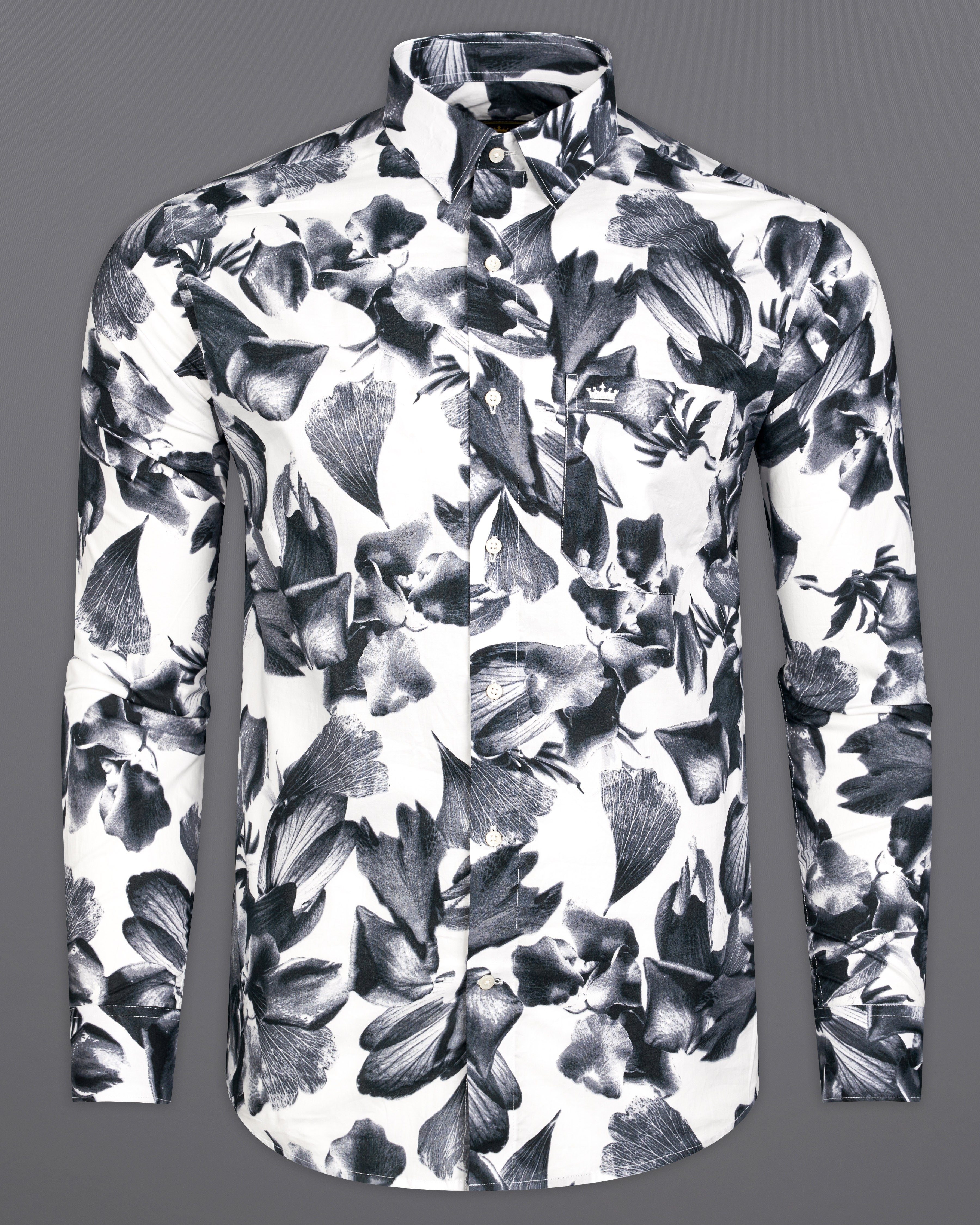 Bright White with Storm Gray Leaves Printed Premium Cotton Shirt 9901-38, 9901-H-38, 9901-39, 9901-H-39, 9901-40, 9901-H-40, 9901-42, 9901-H-42, 9901-44, 9901-H-44, 9901-46, 9901-H-46, 9901-48, 9901-H-48, 9901-50, 9901-H-50, 9901-52, 9901-H-52