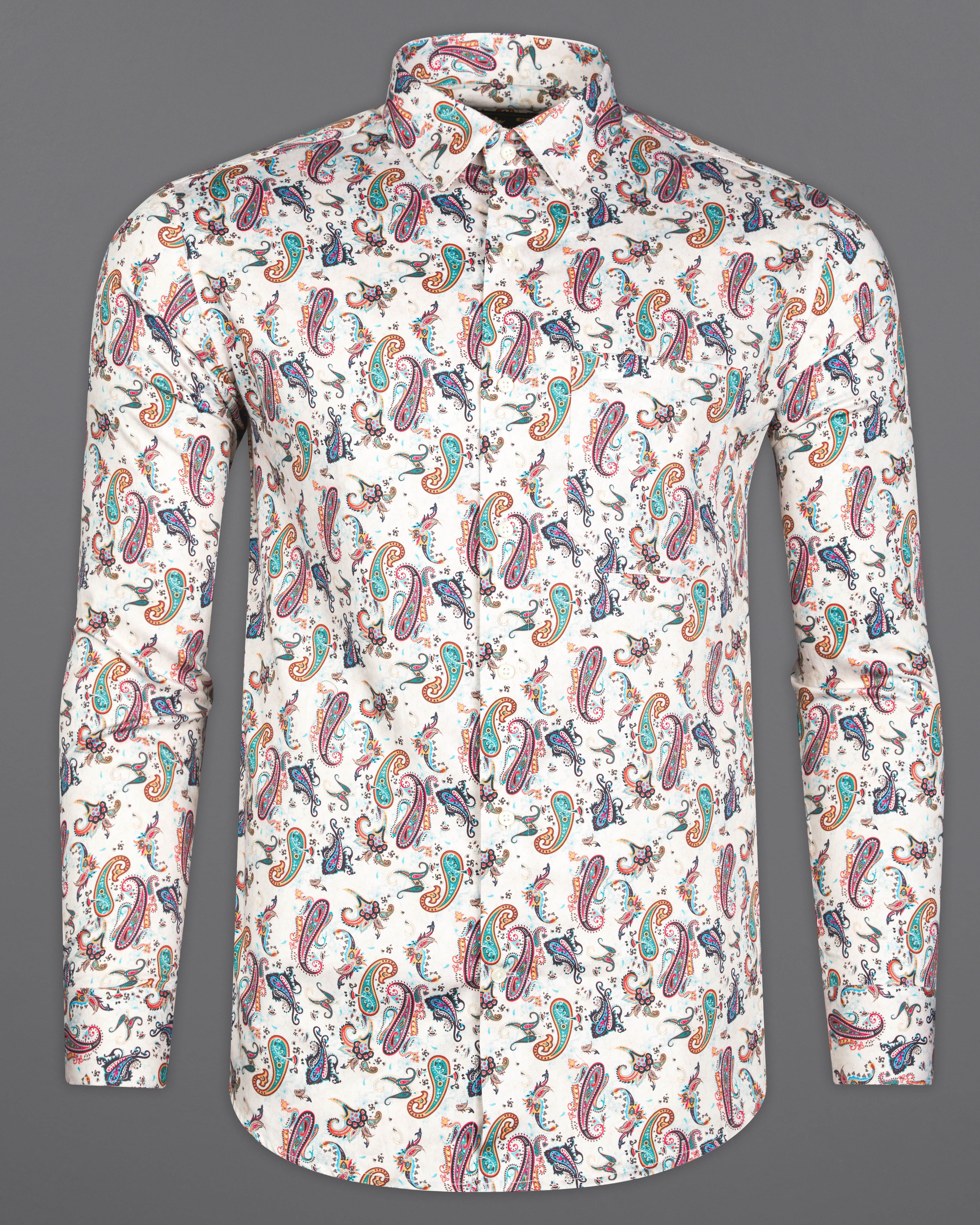 Porcelain Cream Multicolour Paisley Printed Super Soft Premium Cotton Shirt 9902-38, 9902-H-38, 9902-39, 9902-H-39, 9902-40, 9902-H-40, 9902-42, 9902-H-42, 9902-44, 9902-H-44, 9902-46, 9902-H-46, 9902-48, 9902-H-48, 9902-50, 9902-H-50, 9902-52, 9902-H-52