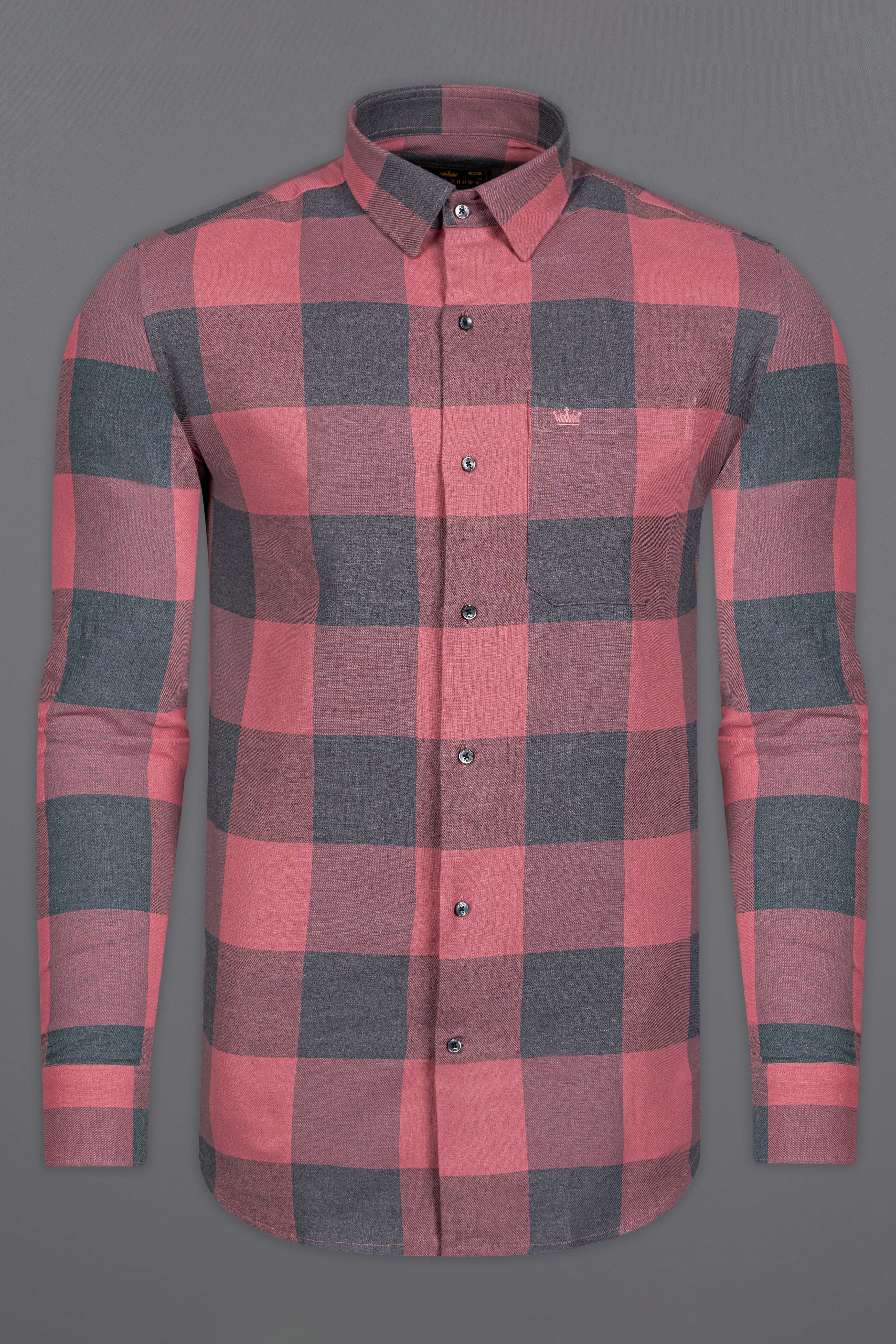 Turkish Pink with Gunmetal Checked Flannel Shirt