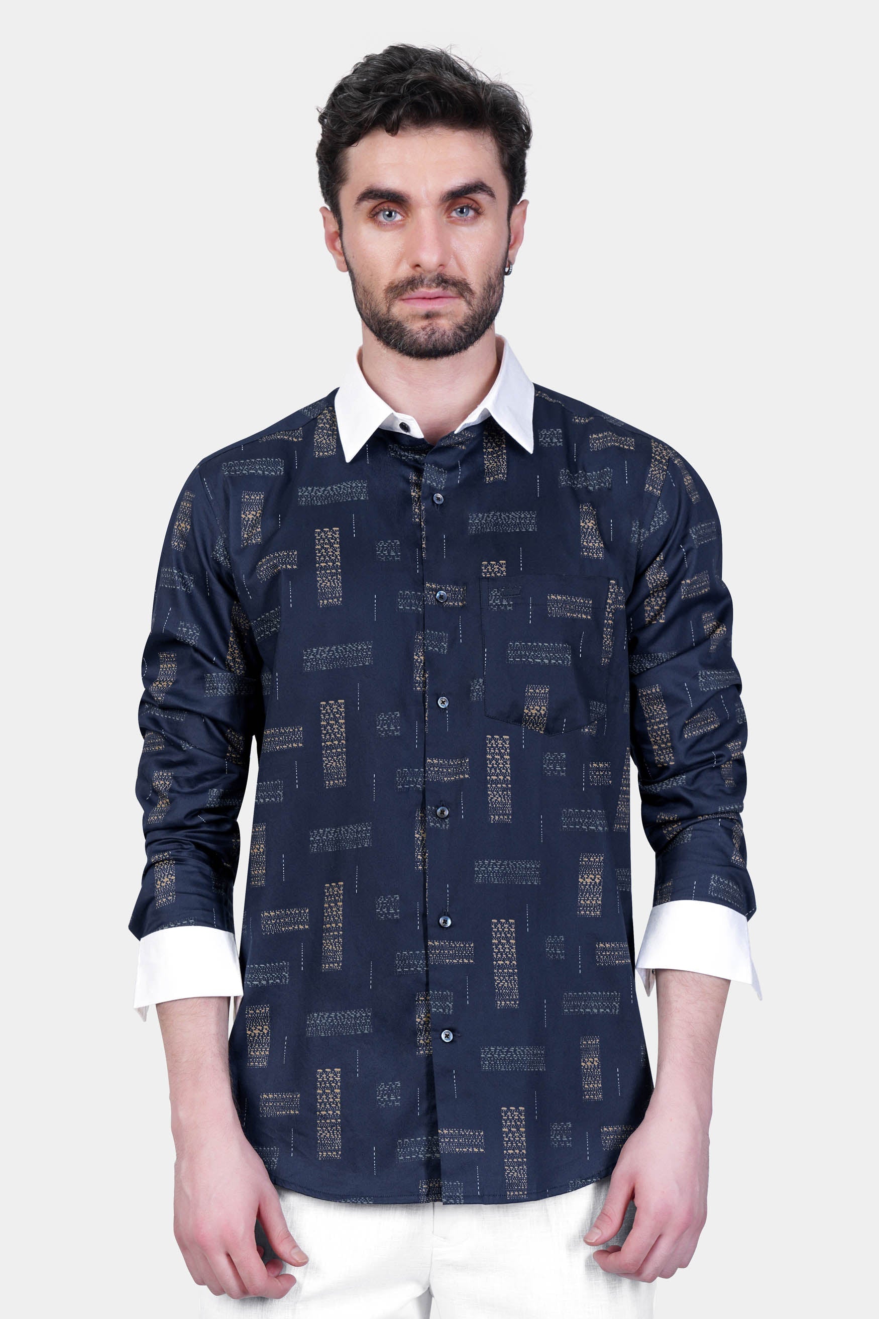 Mirage Navy Blue Printed with White Cuffs and Collar Super Soft Premium Cotton Shirt