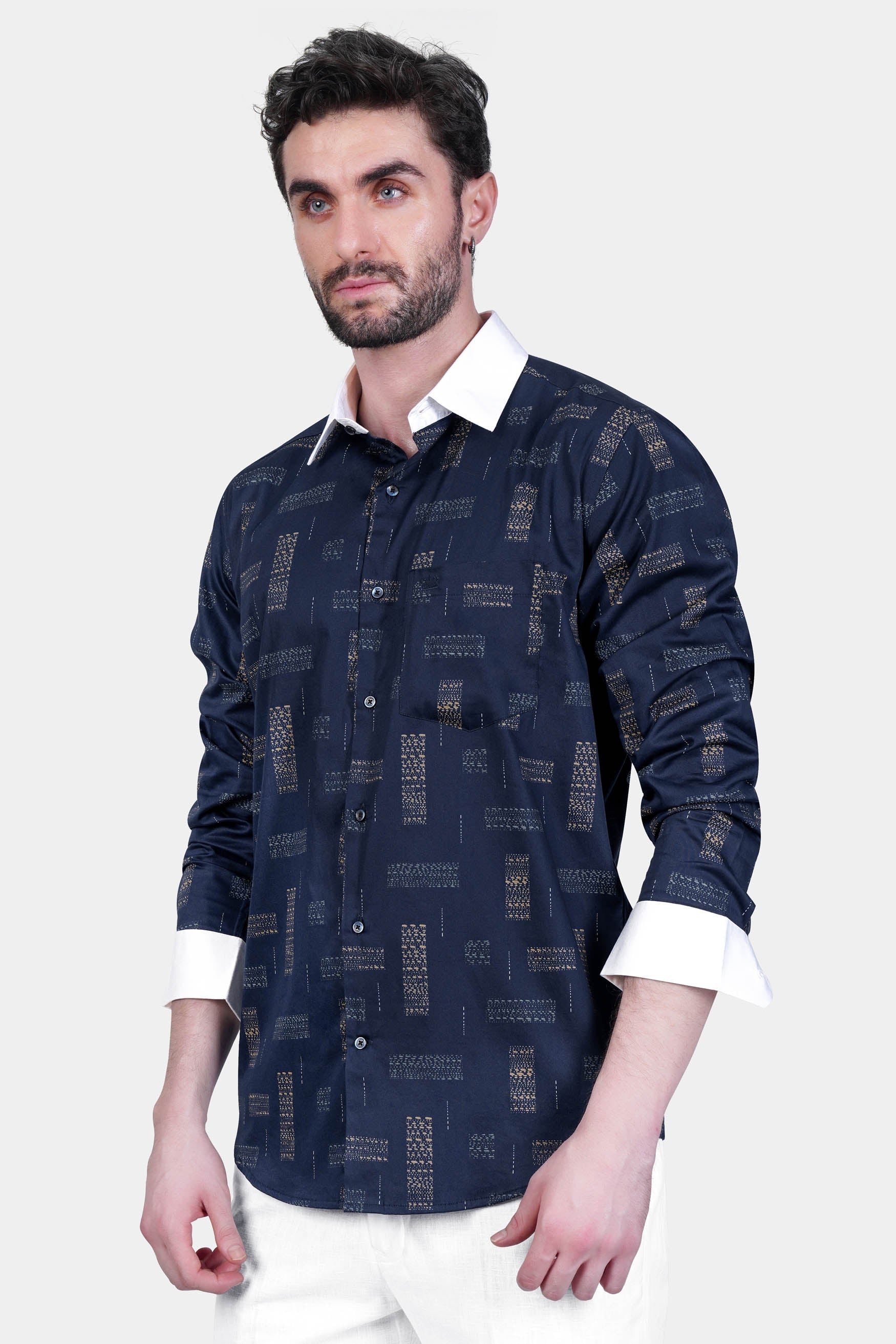 Mirage Navy Blue Printed with White Cuffs and Collar Super Soft Premium Cotton Shirt