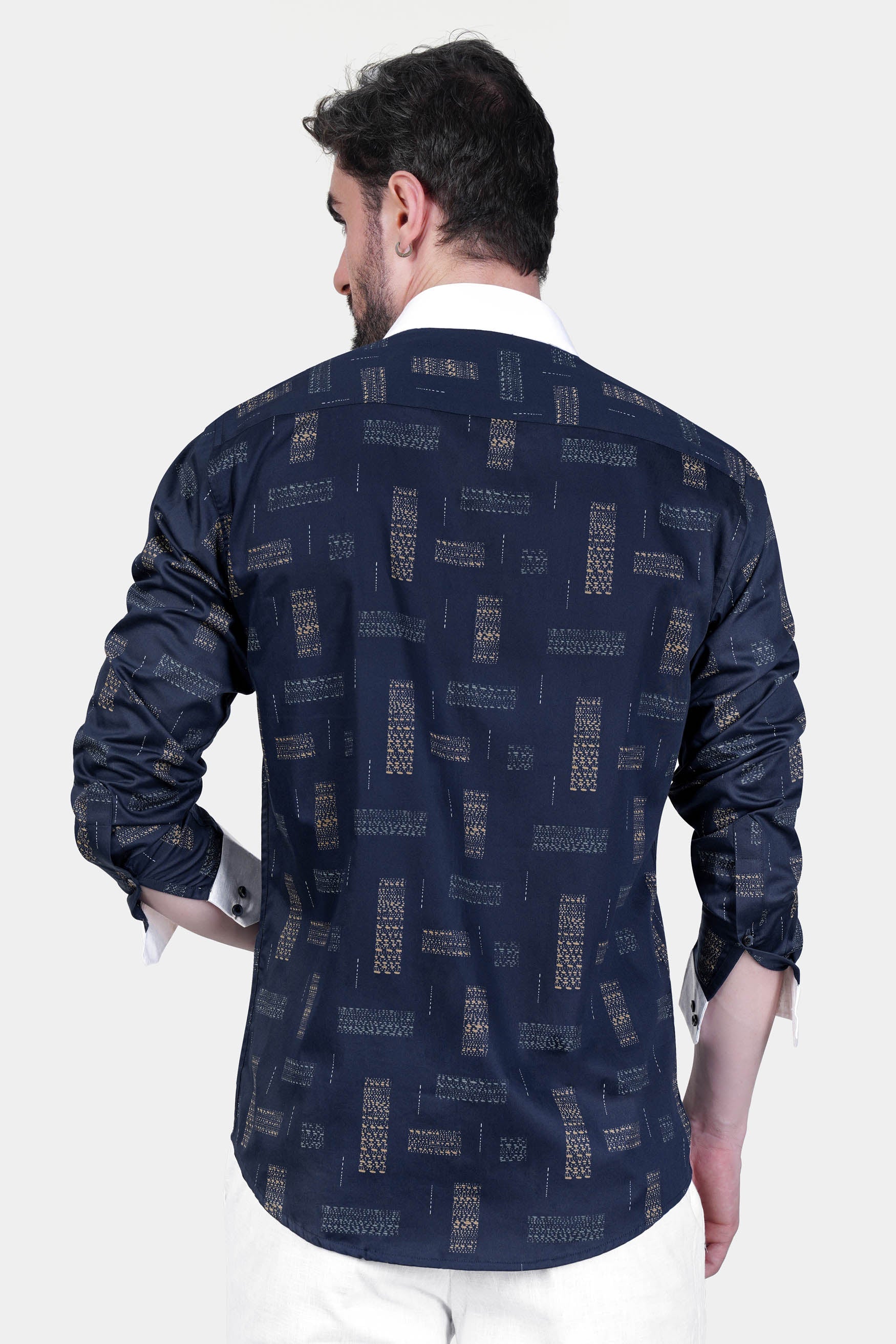 Mirage Navy Blue Printed with White Cuffs and Collar Super Soft Premium Cotton Shirt