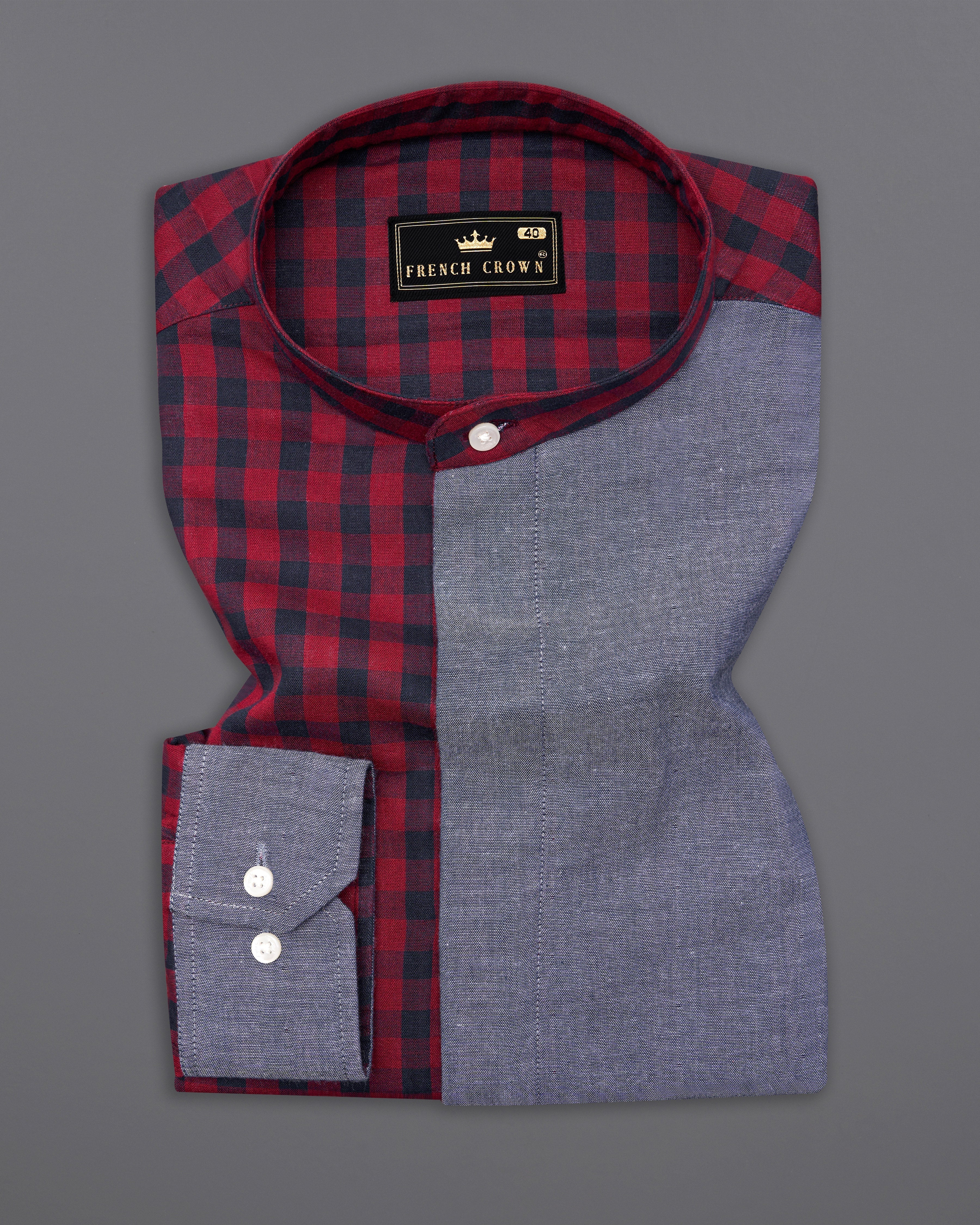 Merlot Red Checkered with River Bed Gray Patchwork Chambray Designer Shirt 9996-M-P251-38, 9996-M-P251-H-38, 9996-M-P251-39, 9996-M-P251-H-39, 9996-M-P251-40, 9996-M-P251-H-40, 9996-M-P251-42, 9996-M-P251-H-42, 9996-M-P251-44, 9996-M-P251-H-44, 9996-M-P251-46, 9996-M-P251-H-46, 9996-M-P251-48, 9996-M-P251-H-48, 9996-M-P251-50, 9996-M-P251-H-50, 9996-M-P251-52, 9996-M-P251-H-52