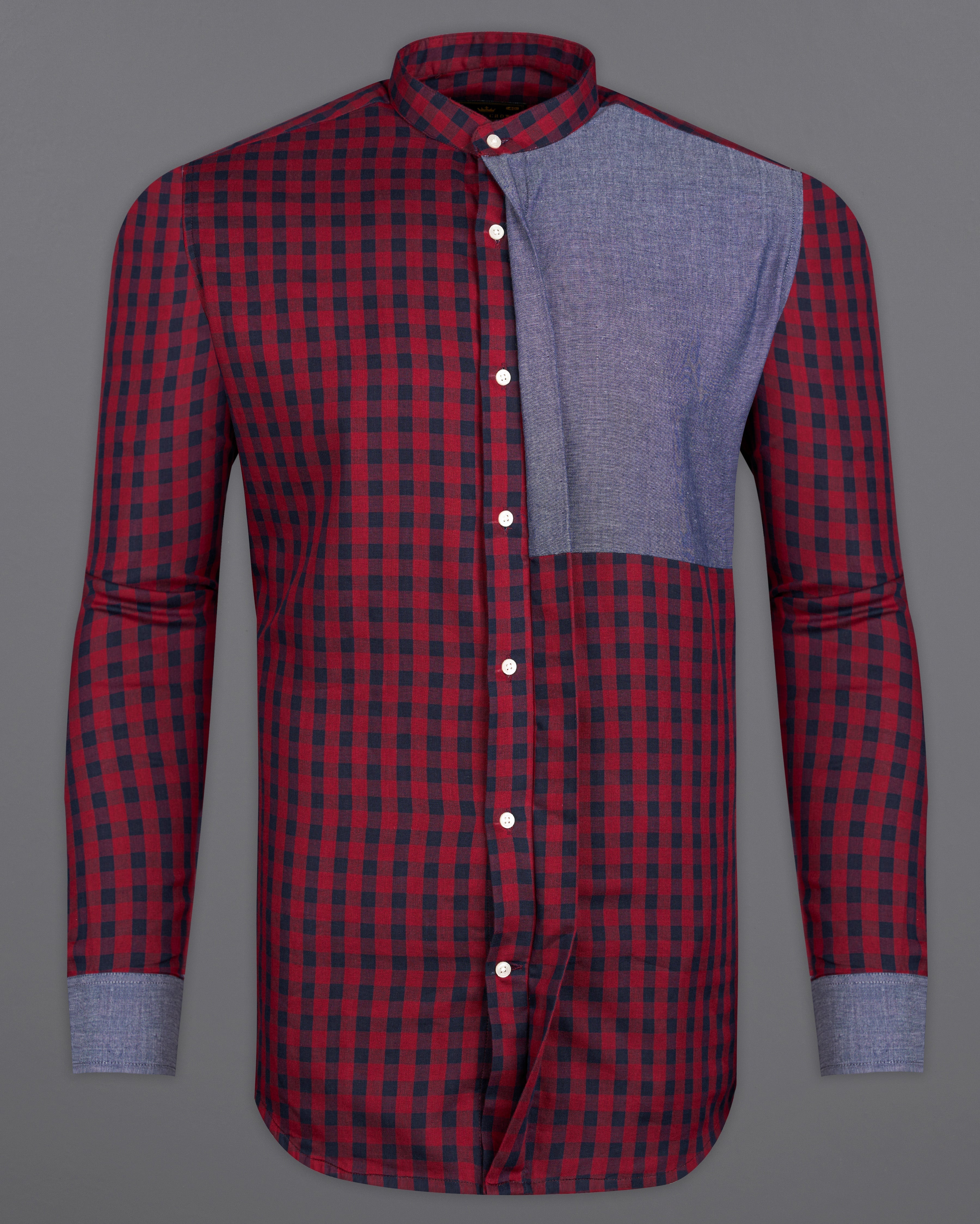 Merlot Red Checkered with River Bed Gray Patchwork Chambray Designer Shirt 9996-M-P251-38, 9996-M-P251-H-38, 9996-M-P251-39, 9996-M-P251-H-39, 9996-M-P251-40, 9996-M-P251-H-40, 9996-M-P251-42, 9996-M-P251-H-42, 9996-M-P251-44, 9996-M-P251-H-44, 9996-M-P251-46, 9996-M-P251-H-46, 9996-M-P251-48, 9996-M-P251-H-48, 9996-M-P251-50, 9996-M-P251-H-50, 9996-M-P251-52, 9996-M-P251-H-52