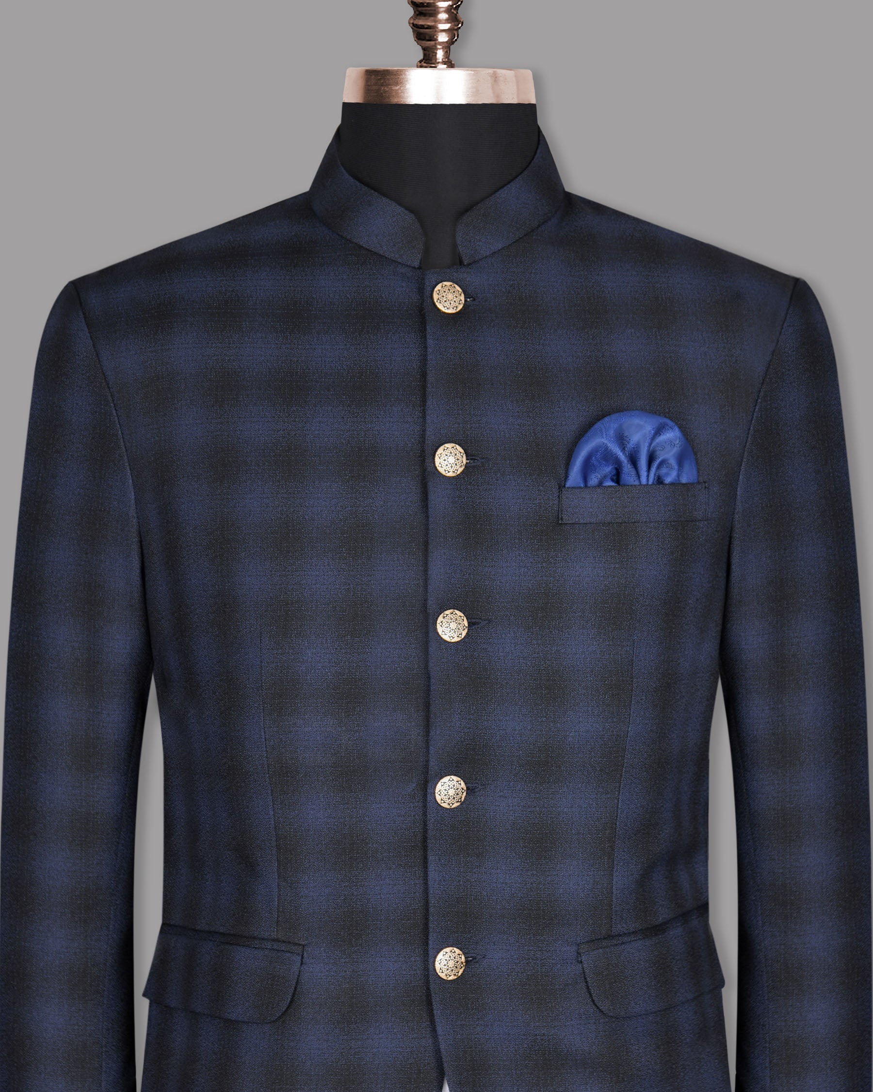 Zodiac Blue Plaid Bandhgala/Mandarin Wool-Silk blend Blazer BL1014-BG-60, BL1014-BG-58, BL1014-BG-36, BL1014-BG-38, BL1014-BG-40, BL1014-BG-52, BL1014-BG-42, BL1014-BG-44, BL1014-BG-46, BL1014-BG-48, BL1014-BG-54, BL1014-BG-50, BL1014-BG-56