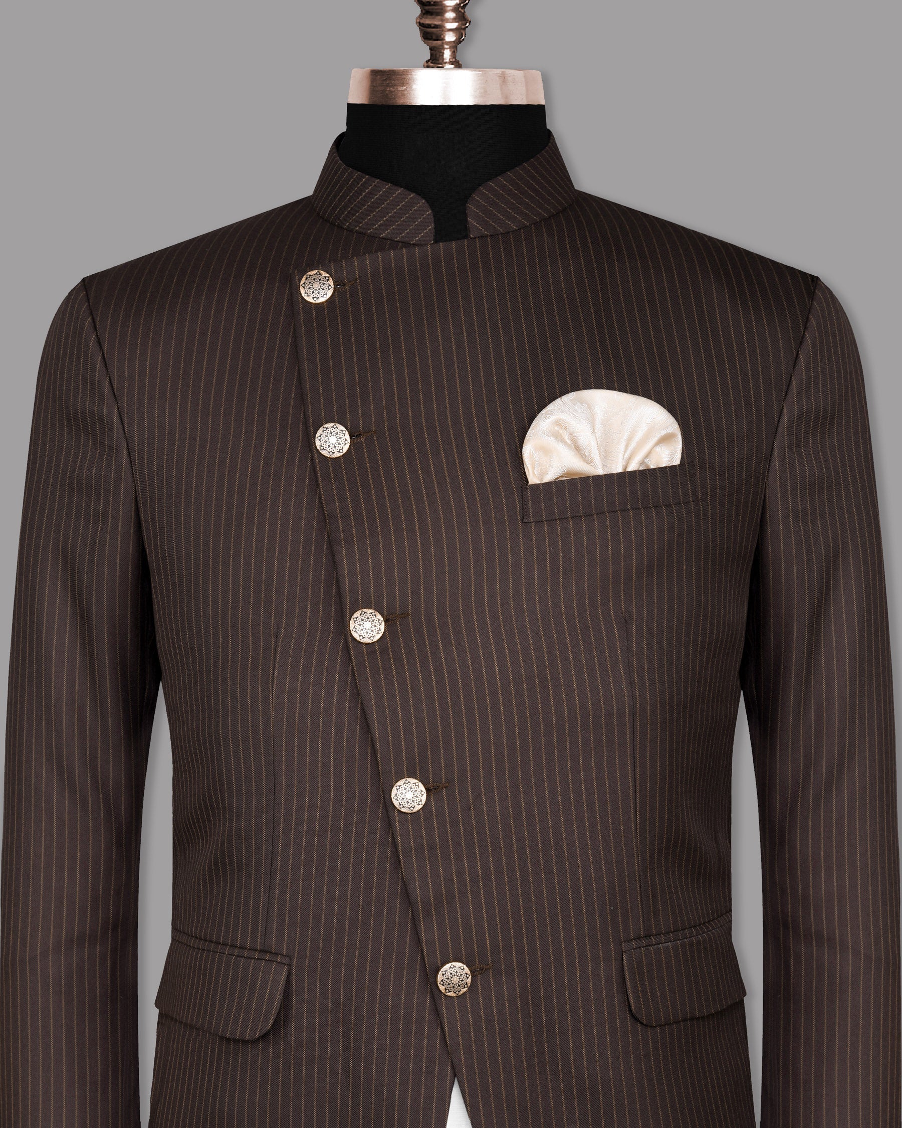 Crater Brown Striped Bandhgala/Mandarin Blazer BL1035-CBG-56, BL1035-CBG-50, BL1035-CBG-52, BL1035-CBG-36, BL1035-CBG-46, BL1035-CBG-38, BL1035-CBG-40, BL1035-CBG-42, BL1035-CBG-44, BL1035-CBG-48, BL1035-CBG-60, BL1035-CBG-54, BL1035-CBG-58