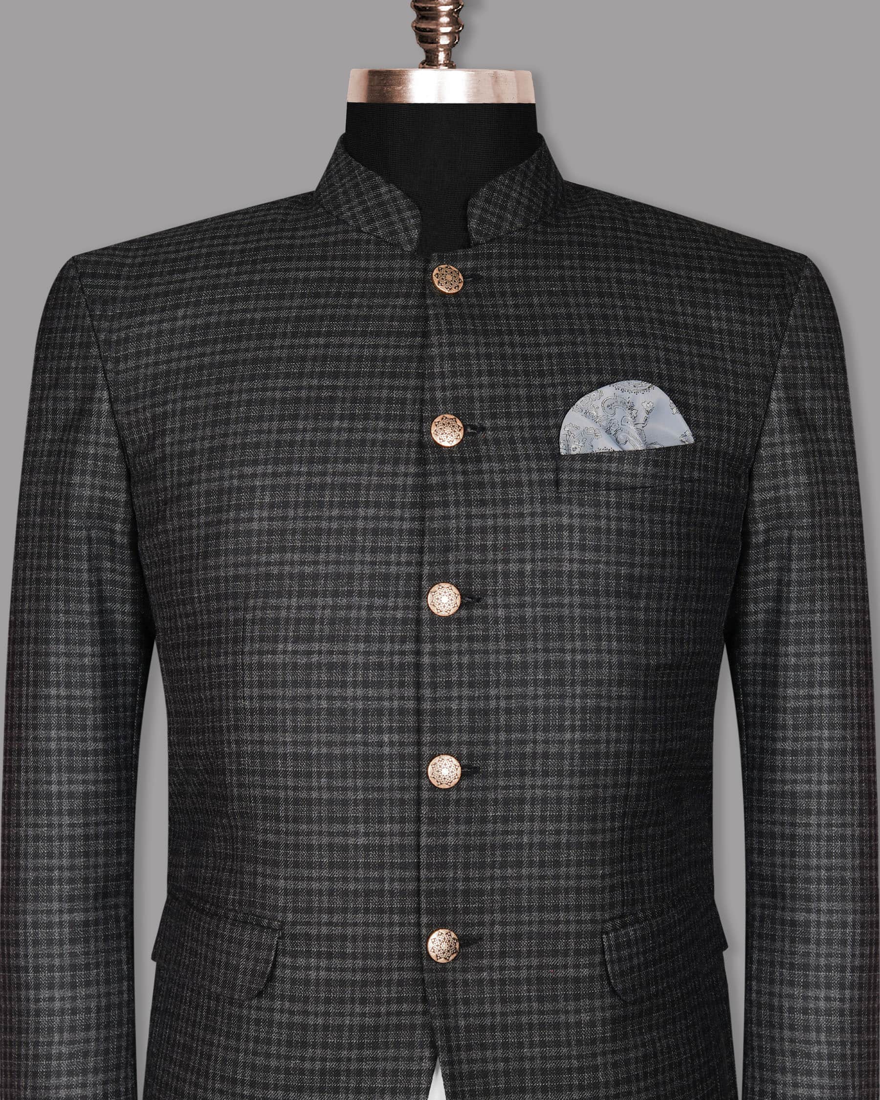 Jade Black with Charcoal checked Bandhgala/Mandarin Blazer BL1089-BG-38, BL1089-BG-40, BL1089-BG-44, BL1089-BG-46, BL1089-BG-48, BL1089-BG-50, BL1089-BG-52, BL1089-BG-54, BL1089-BG-56, BL1089-BG-58, BL1089-BG-60, BL1089-BG-36, BL1089-BG-42