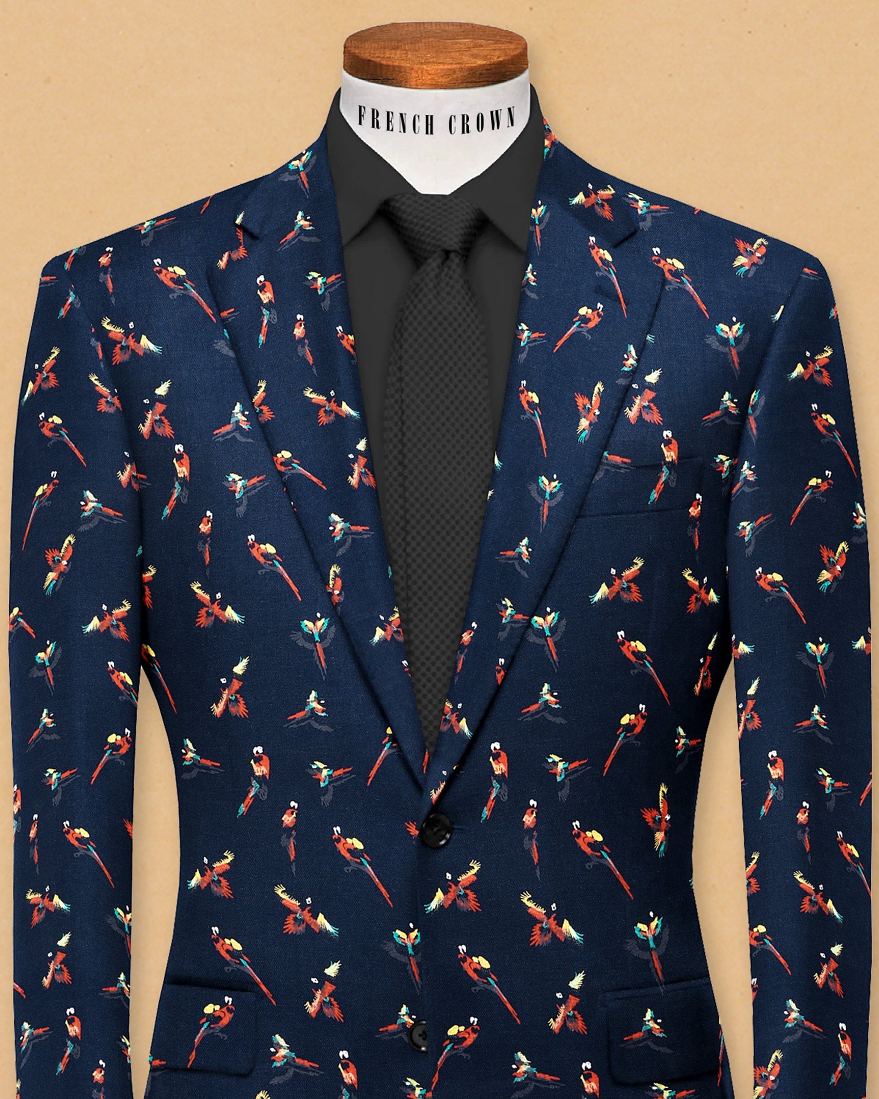 Navy Colorful Parrots Print Designer Blazer