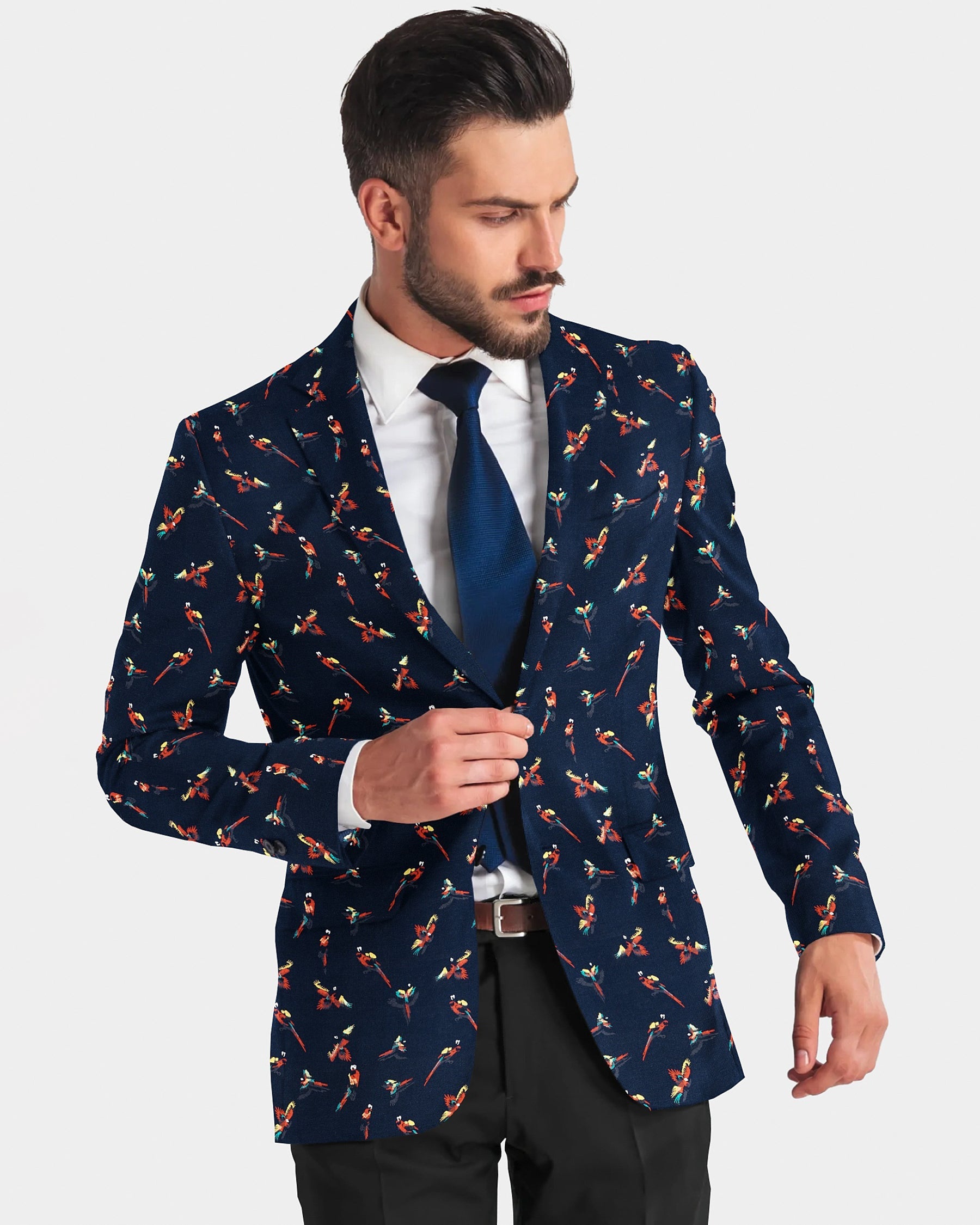 Navy Colorful Parrots Print Designer Blazer