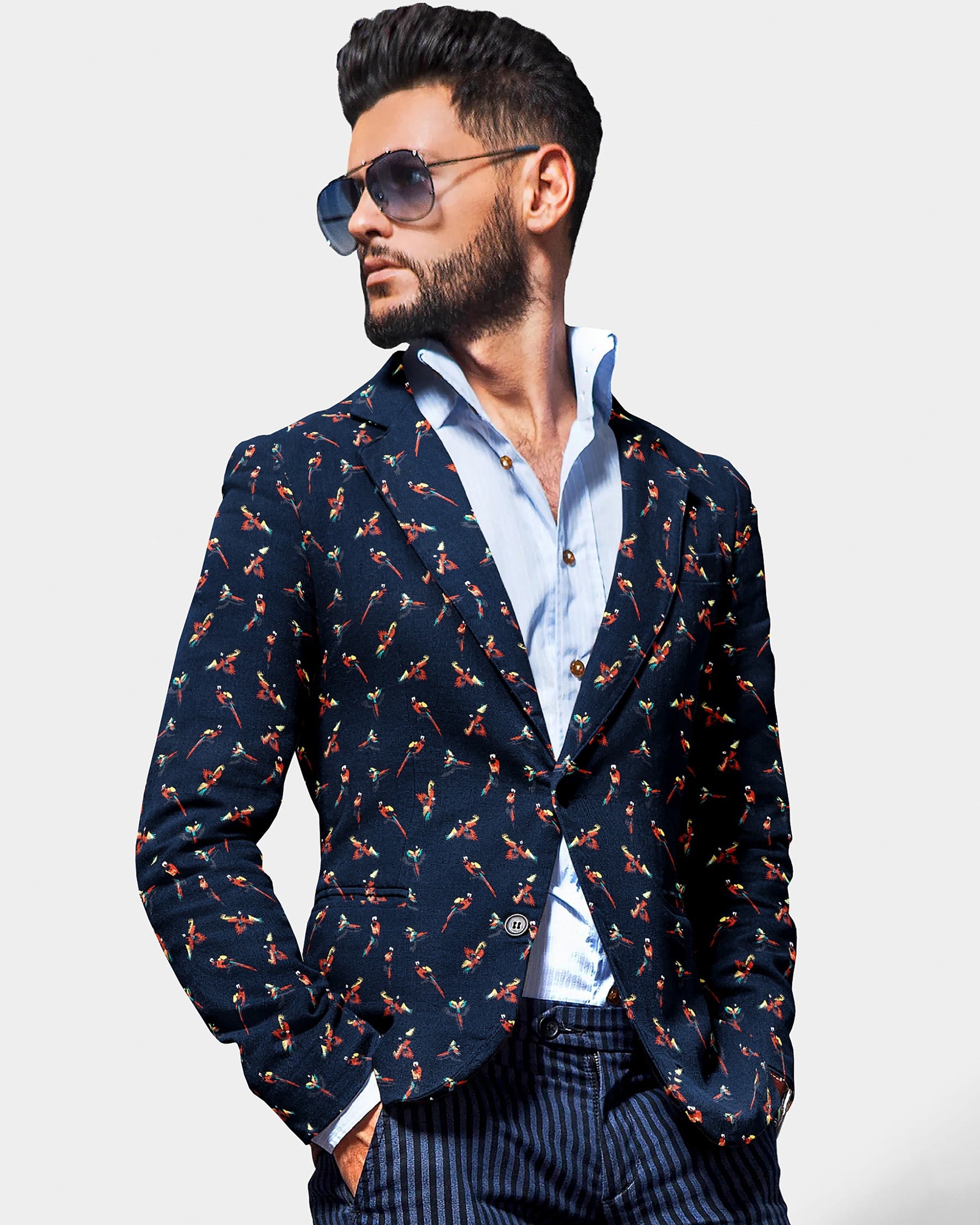 Navy Colorful Parrots Print Designer Blazer