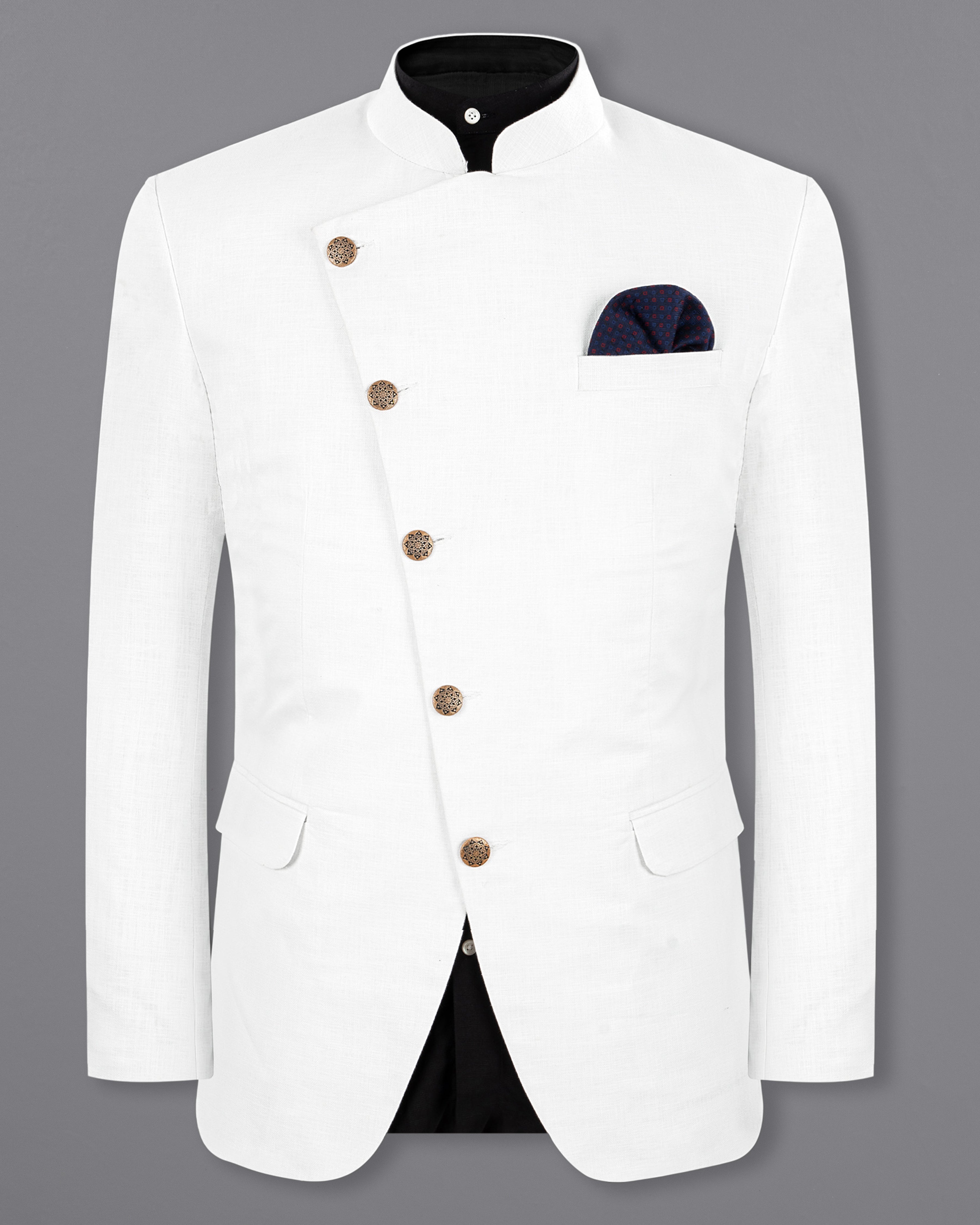 BRIGHT WHITE LUXURIOUS LINEN BANDHGALA/MANDARIN CROSS PLACKET PERFORMANCE BLAZER