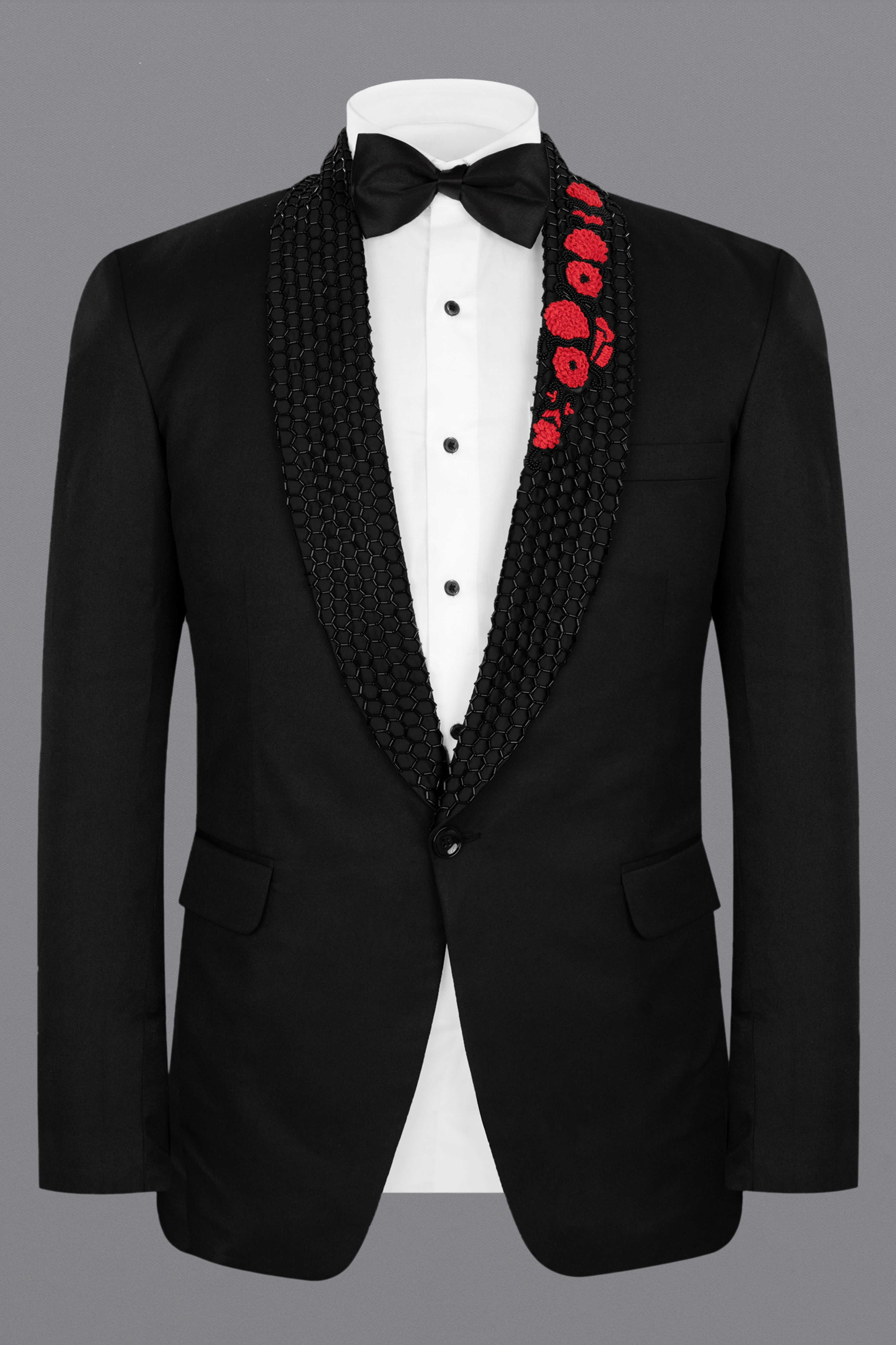 Jade Black Subtle Sheen Wool Rich Handcrafted Designer Tuxedo Blazer